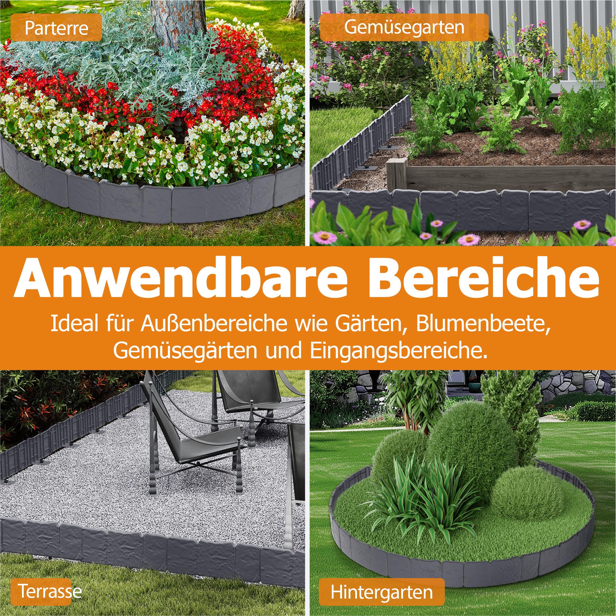 YRhome Bordo per prato, 15 m, in plastica effetto pietra, flessibile e stabile, bordo per aiuole, bordo per falciare, palizzata, facile da applicare, per giardino, recinzione decorativa, antracite