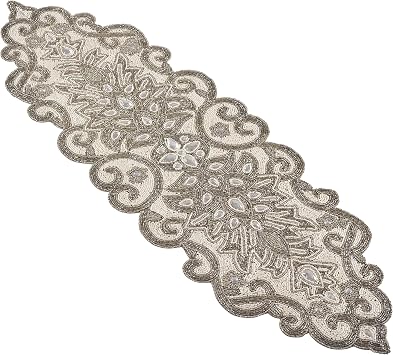 SARO LIFESTYLE Beaded Scroll Motif Design Table Runner, 12" x 38", Silver