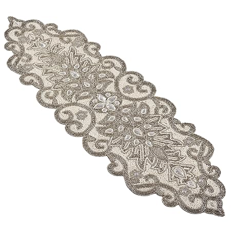 SARO LIFESTYLE Beaded Scroll Motif Design Table Runner, 12