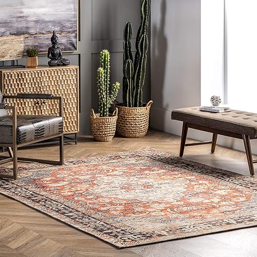 nuLOOM Esmeralda - Alfombra envejecida de medallón, 5 x 8 pies, color naranja