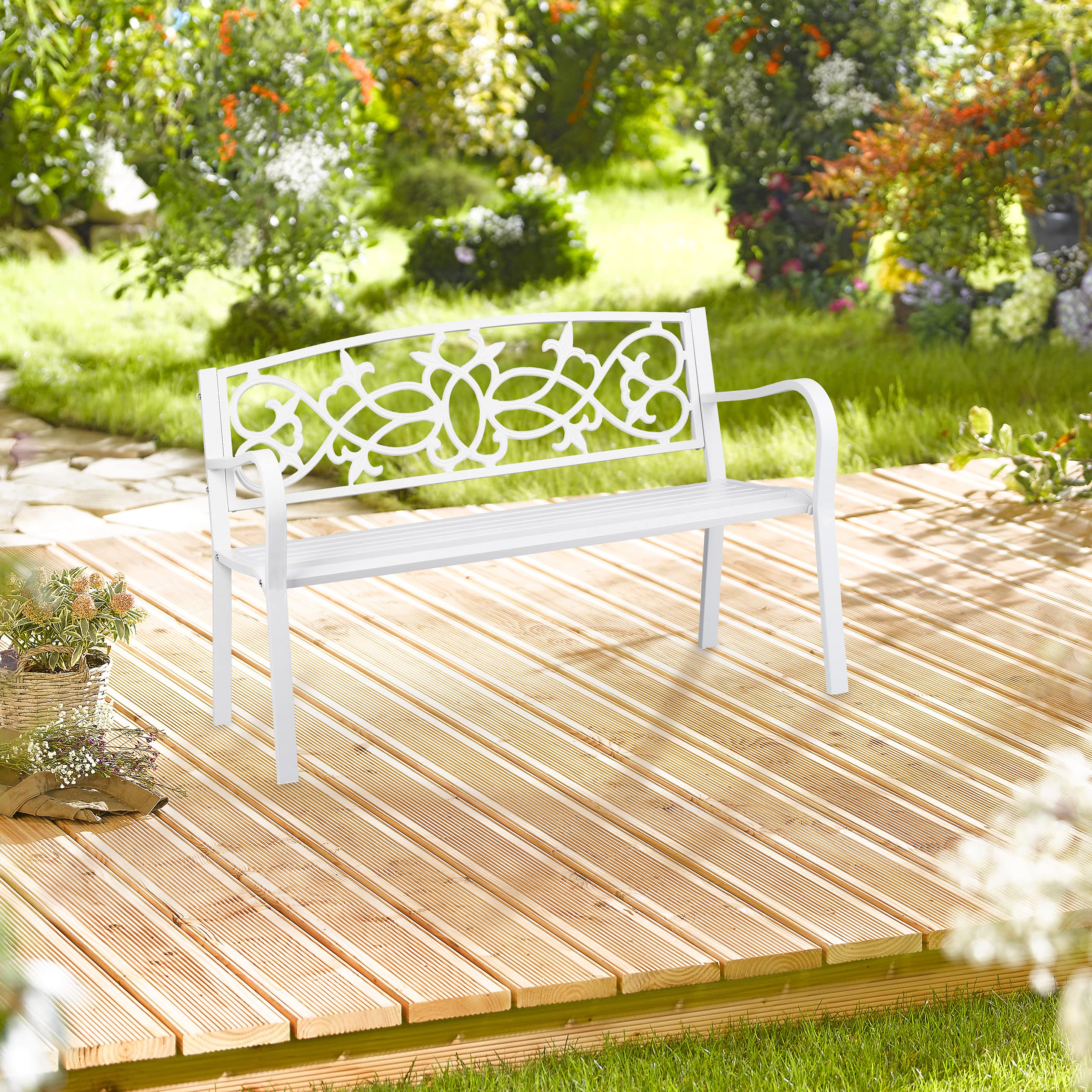Relaxdays Banc de Jardin, nostalgique, 2 Places, résistant aux intempéries, Fonte et Acier, HLP: 78x124,5x58 cm, Blanc