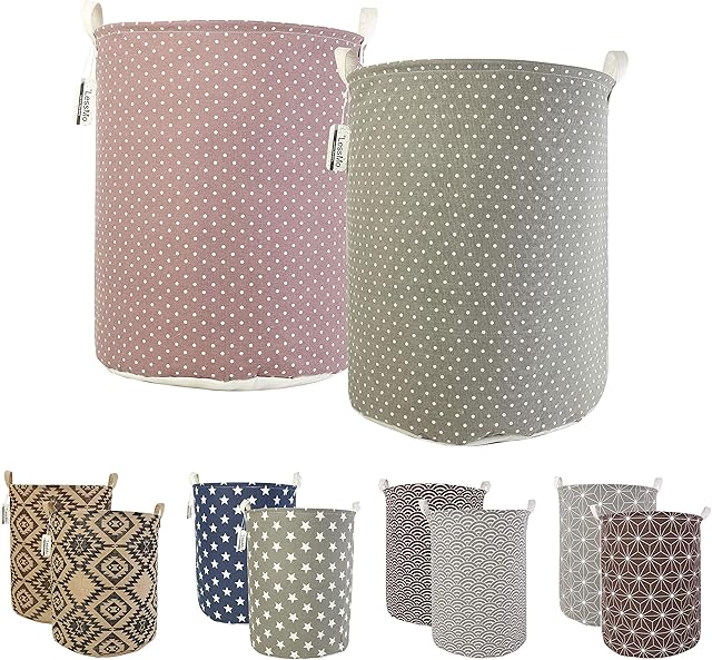 LessMo 2Pcs 19.7" Laundry Hamper, Collapsible Storage Basket With Easy Carry Handles, Waterproof Round Cotton Linen, for Baby Products, Toys, Bedroom Hamper