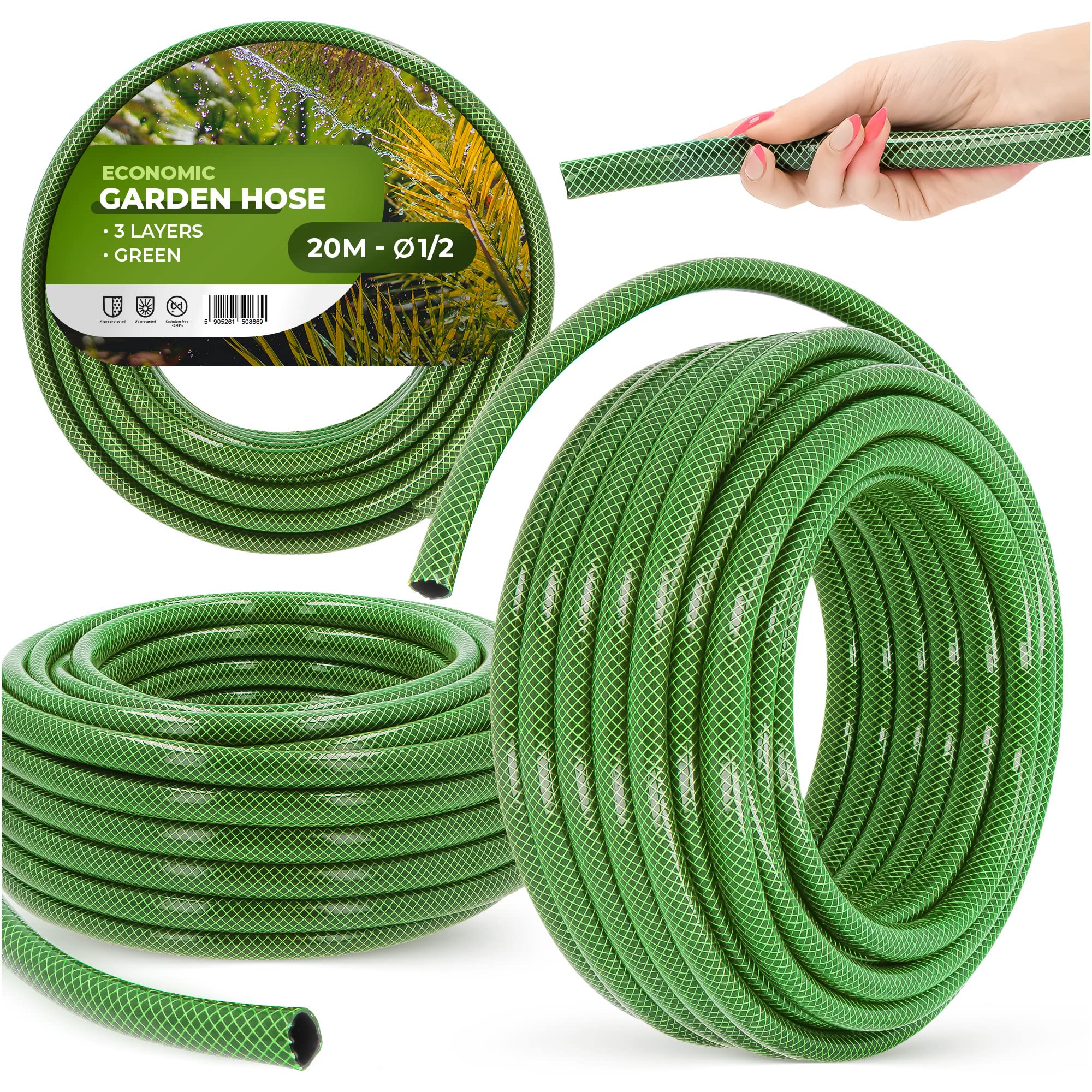 Tubo da giardino 1/2, 30 m, verde, rinforzato, a 3 strati, resistente