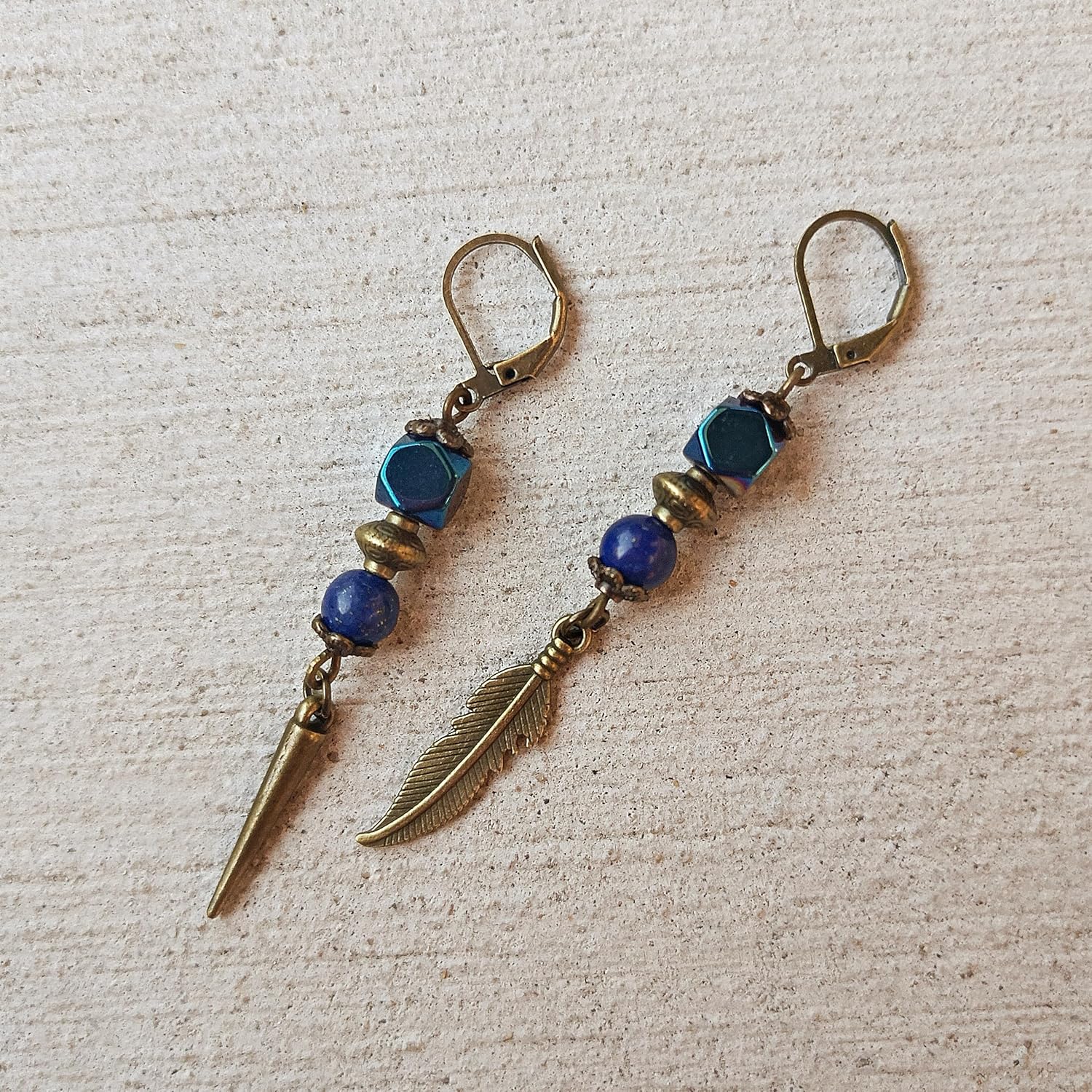 Bronze Feather and Spike Men Earrings with Lapiz lazuli and Hematite beads Set of Two - Native American Indian Bronze Single Lever back Earrings