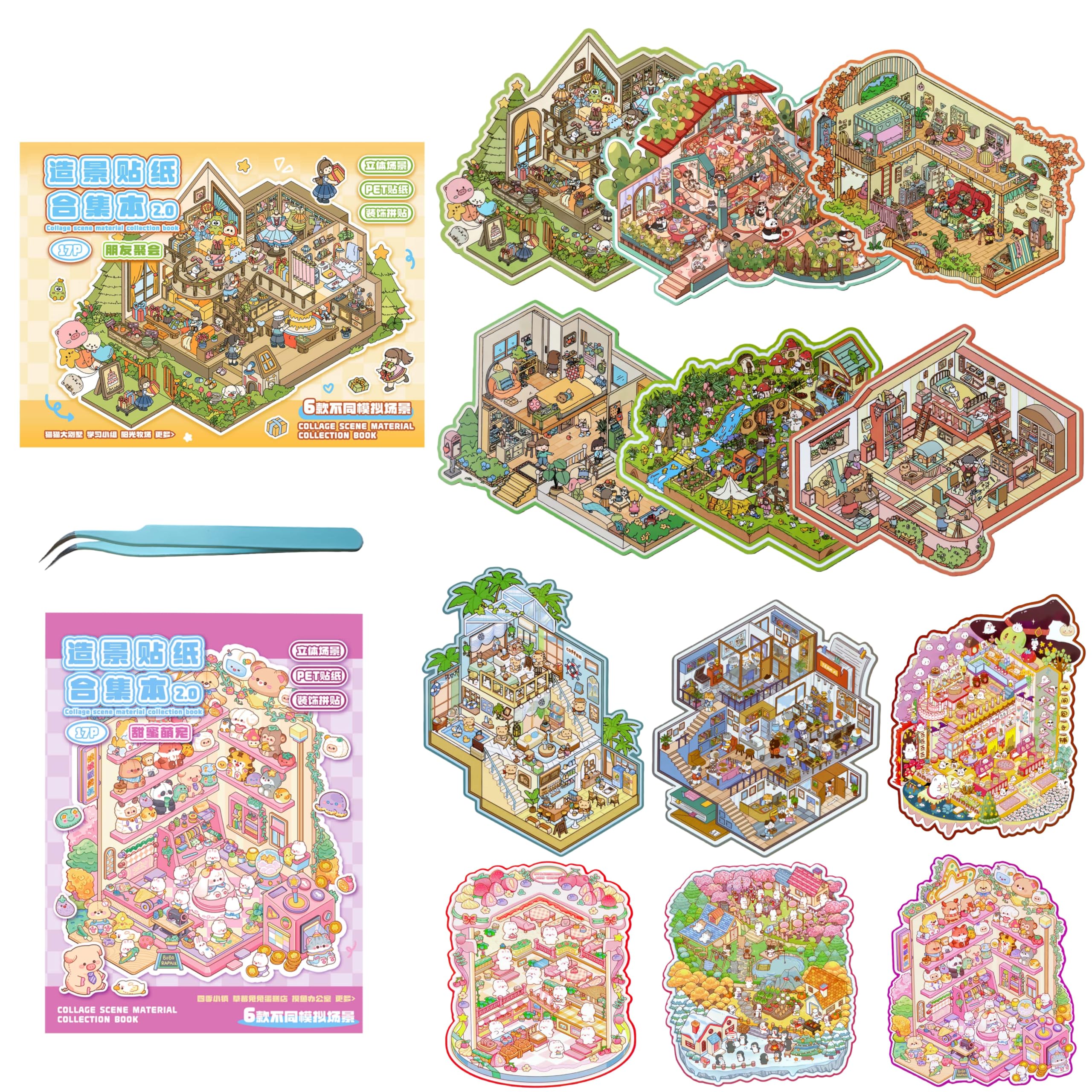 Lindas calcomanías kawaii en 3D con formato grande de 12 juegos de calcomanías de escena