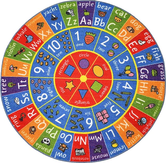 KC Cubs Playtime Collection ABC Alphabet, Numbers and Shapes Educational Learning & Game Area Round Circle Rug Carpet for Kids and Children Bedrooms and Playroom