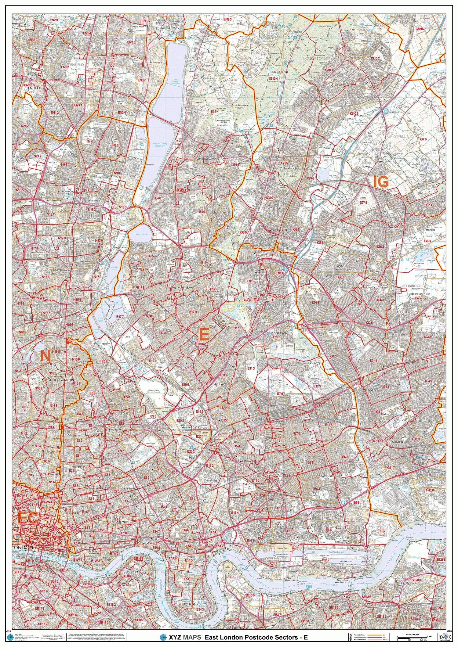 XYZ Maps East London - E - Postcode Wall - Paper