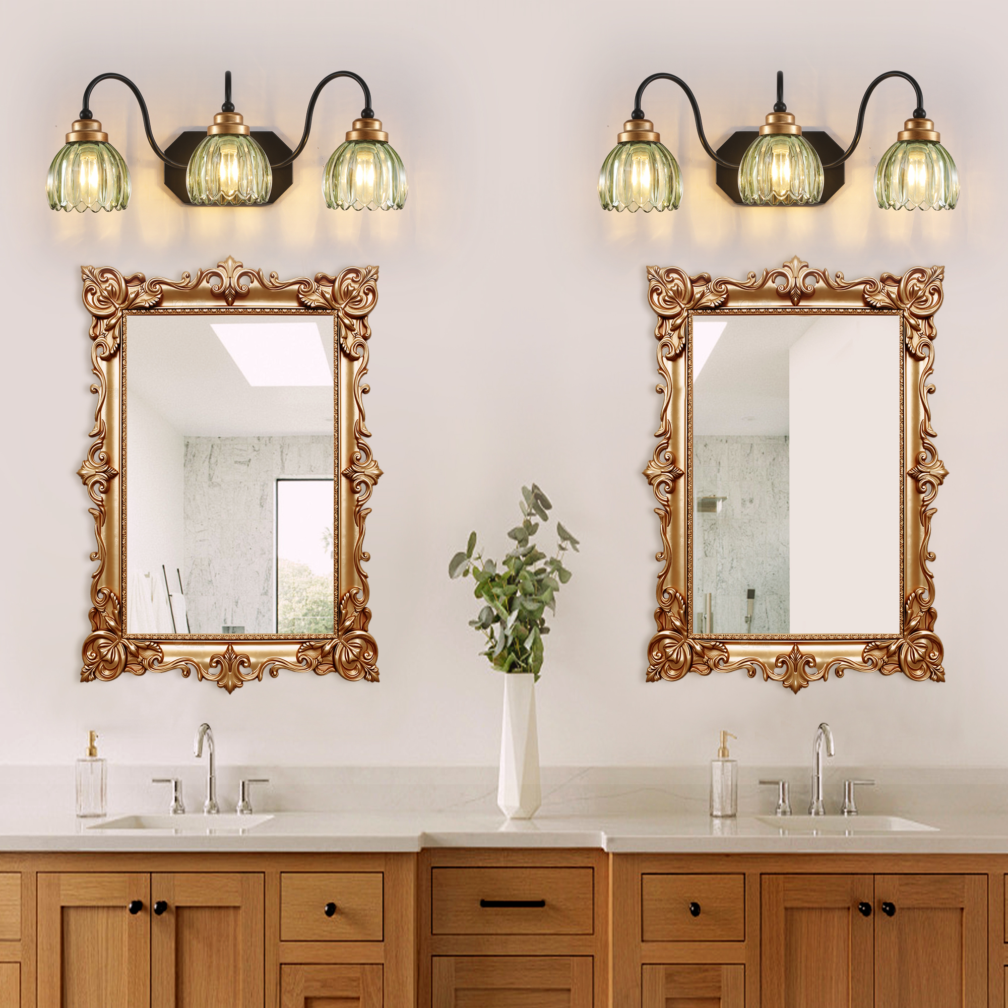 Image of Vintage Gold Bathroom Light Fixtures,3 Light Green Tulip Crystal | Brushed Gold Vanity Lights,Matte Antique Brass Finish, Mid Century Style,Wall Sconces for Bedroom,Hallway,Easy to Install