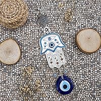 Vista 4 de Adorno colgante de pared de mano de madre Hamsa azul turco de Fátima contra el mal de ojo, amuleto de cuentas de nazar turco, regalo de amuleto