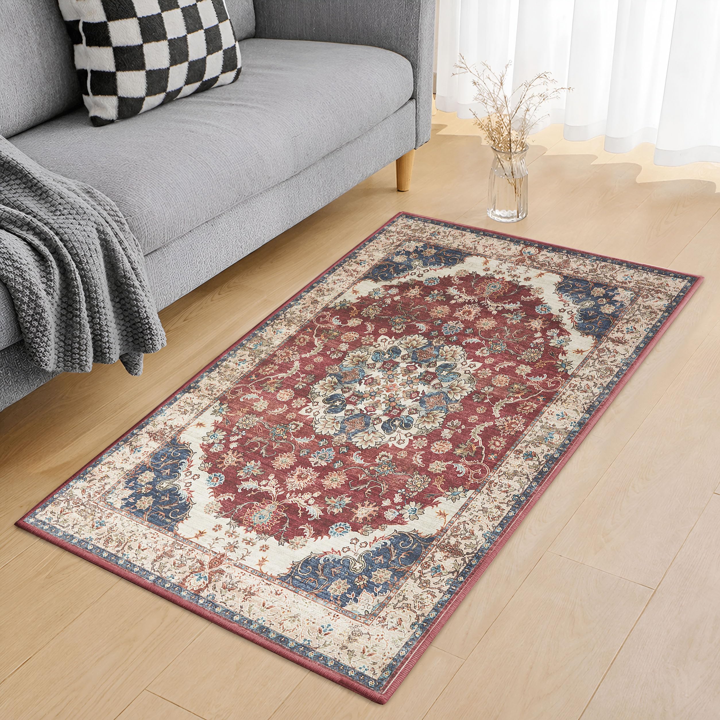 Hafaa Washable Rugs Living Room Small 60x110 cm – Soft Short Pile Area Rugs for Bedroom, Kitchen Carpet Non Slip Bedside Rug Traditional Floral Design Vintage Boho Cashmere Rug, Whisper