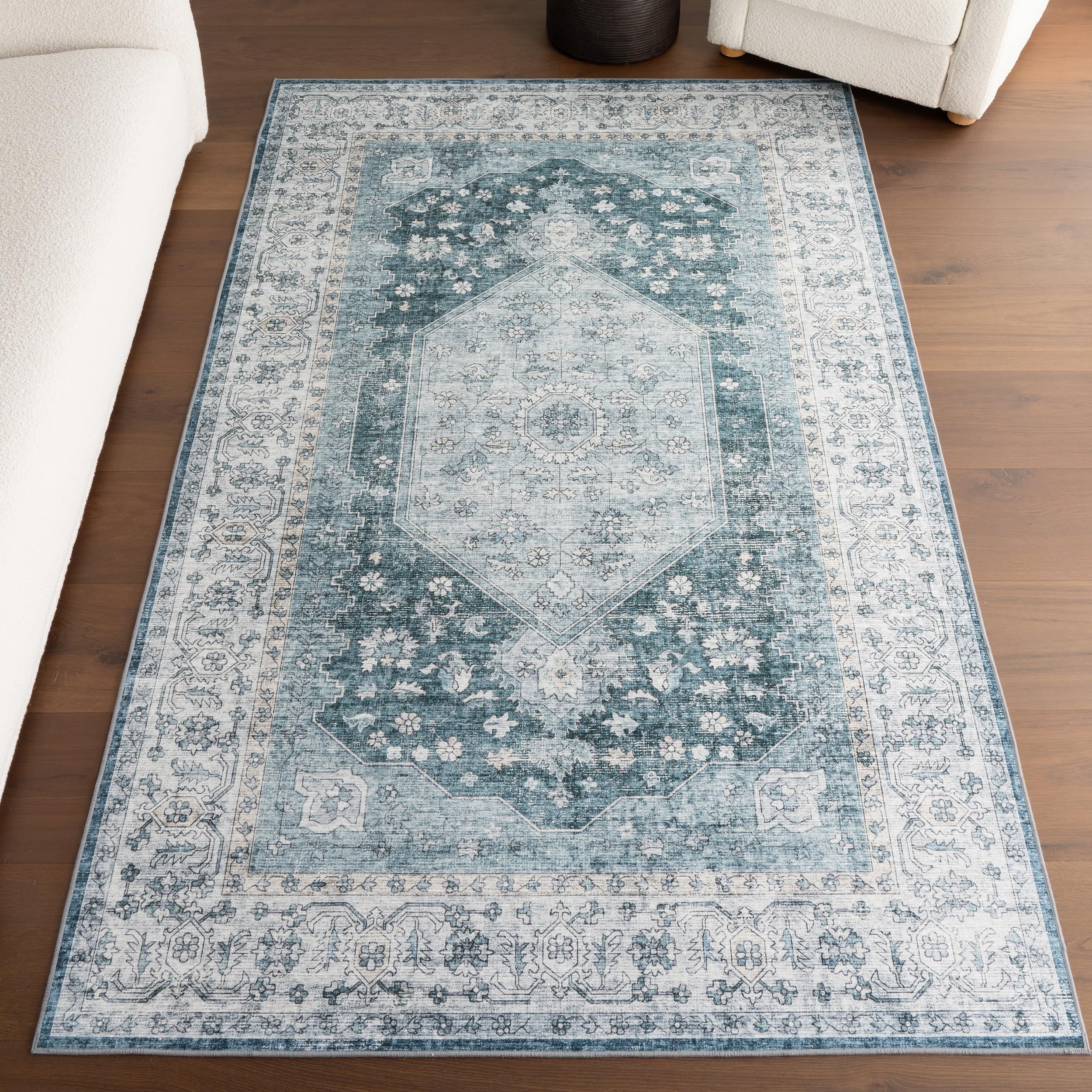 Tapis de couloir vert et ivoire 61x243 cm à motif médaillon