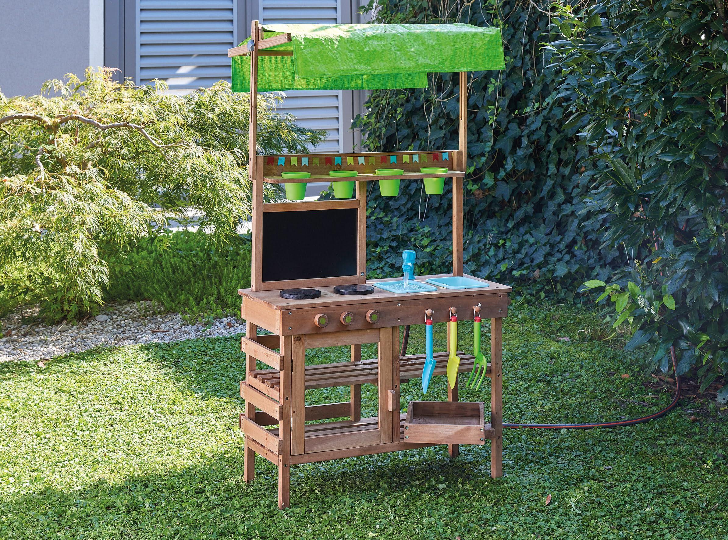 Matschküche Outdoor Küche Deluxe aus Holz Spielküche mit Wasserhahn Dach