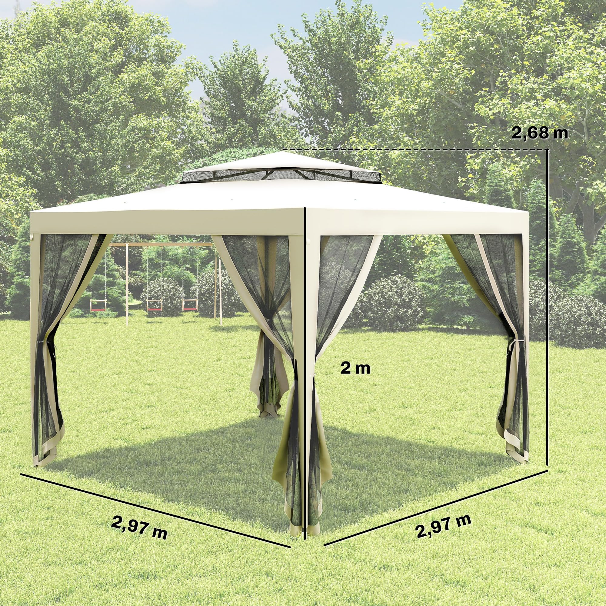 Outsunny Carpa de Jardín 3x3 m Cenador con 4 Mosquiteras Laterales con Cremallera Techo de Ventilación y 8 Orificios de Drenaje Gazebo para Terraza Patio Exterior Beige