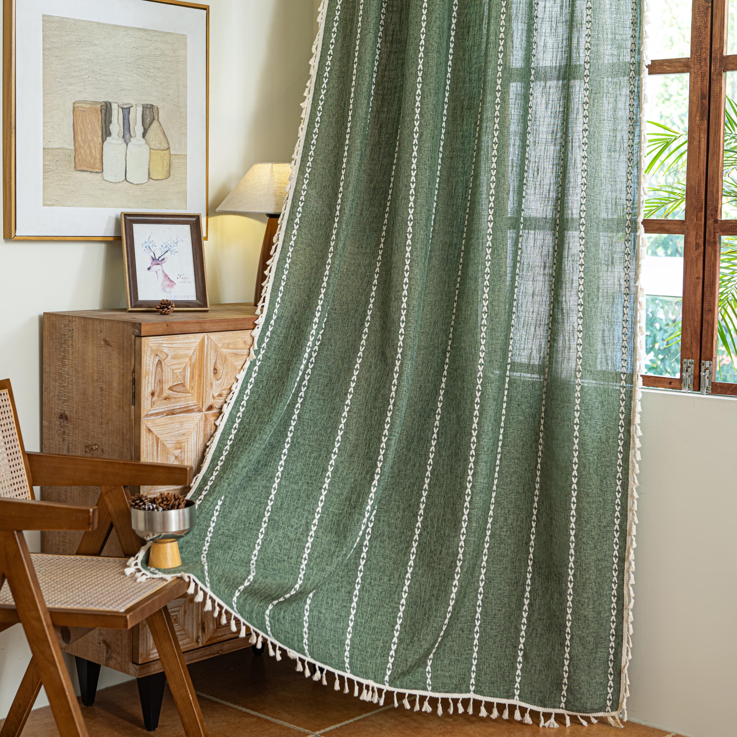 Sutuo Home Boho Window Curtains for Nursery Bedroom, Light-Filtering Linen French Country Shabby Chic Window Treatment Bohemian Embroidery Knitted Drape, Rod Pocket 1 Panel 52" W x 72" L, Olive Green — image 1