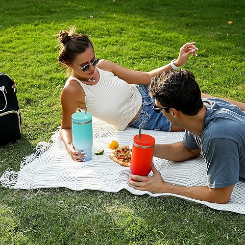 Miniatura 7 de Vaso de 30 onzas con asa y tapa con popote, taza de café aislada de acero inoxidable, tapa a prueba de fugas y popote para portavasos de automóvil