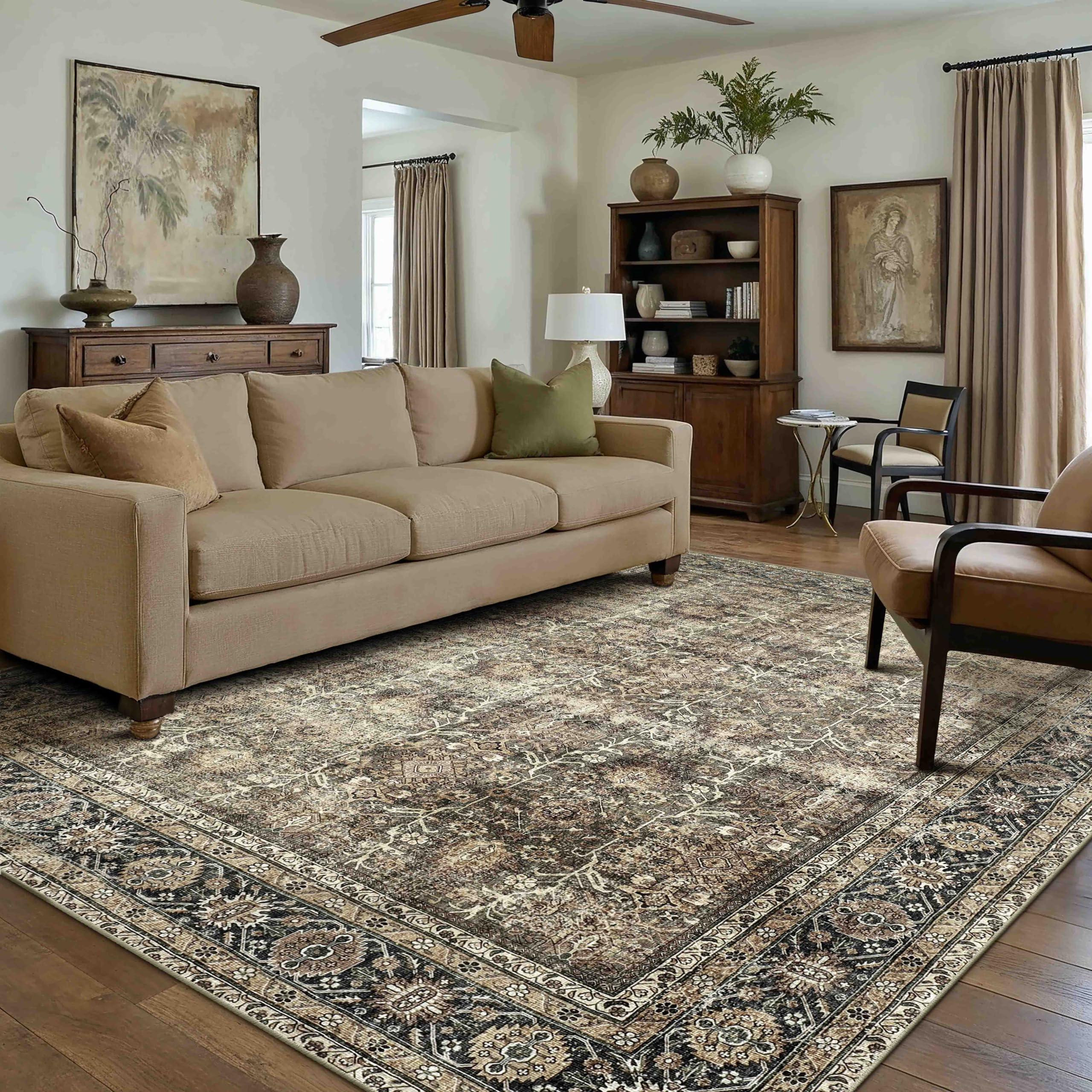 PureCozy Vintage Area Rug 6x9 Brown Washable Living Room Large Carpet Non Slip Bedroom Indoor Office Low Pile Traditional Distressed Retro Accent Rug