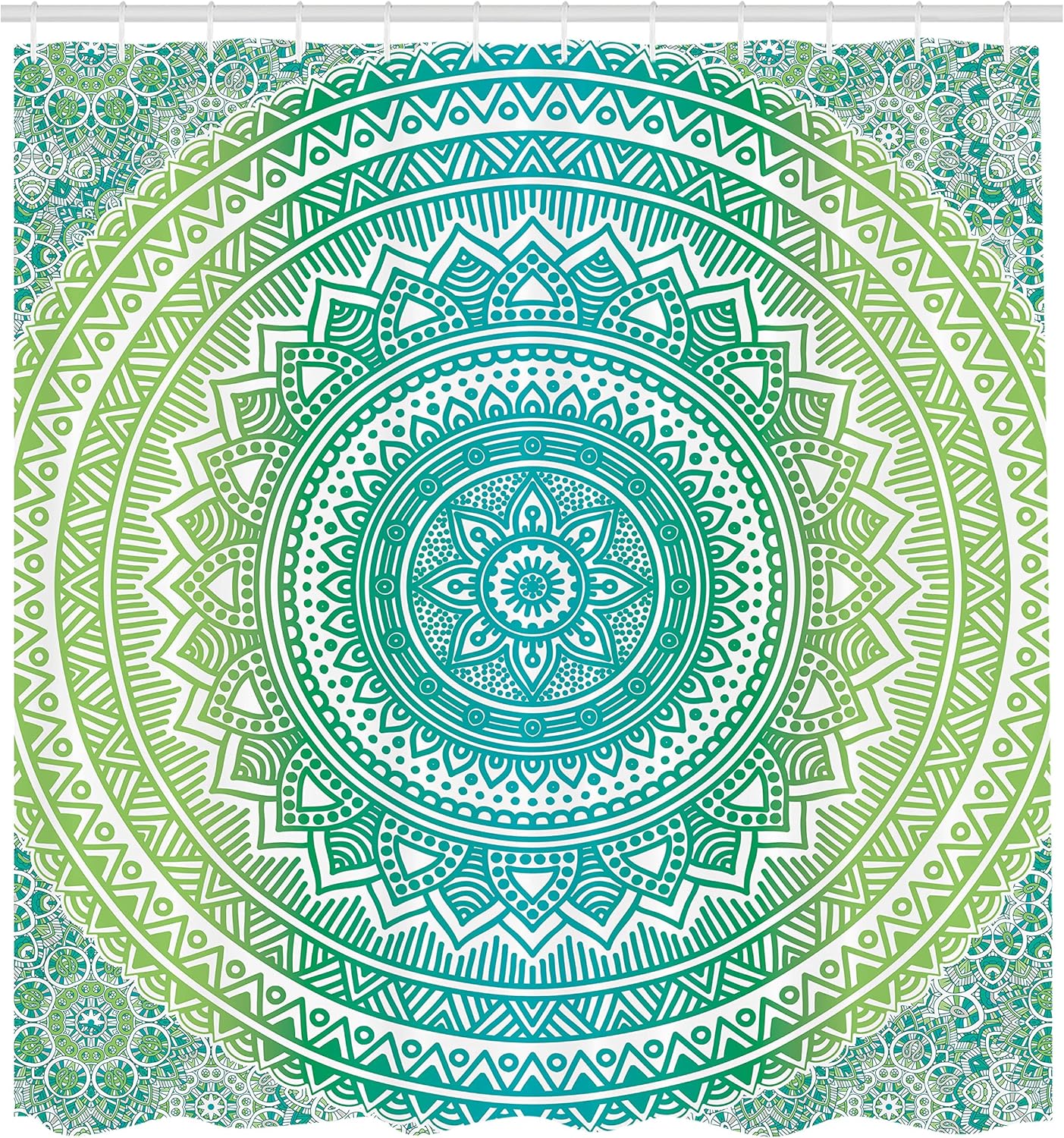 Ambesonne Teal and Lime Shower Curtain, Ombre Mandala Pattern with Flower and Petals Hippie Style Art, Cloth Fabric Bathroom Decor Set with Hooks, 69" W x 70" L, Teal Lime and White