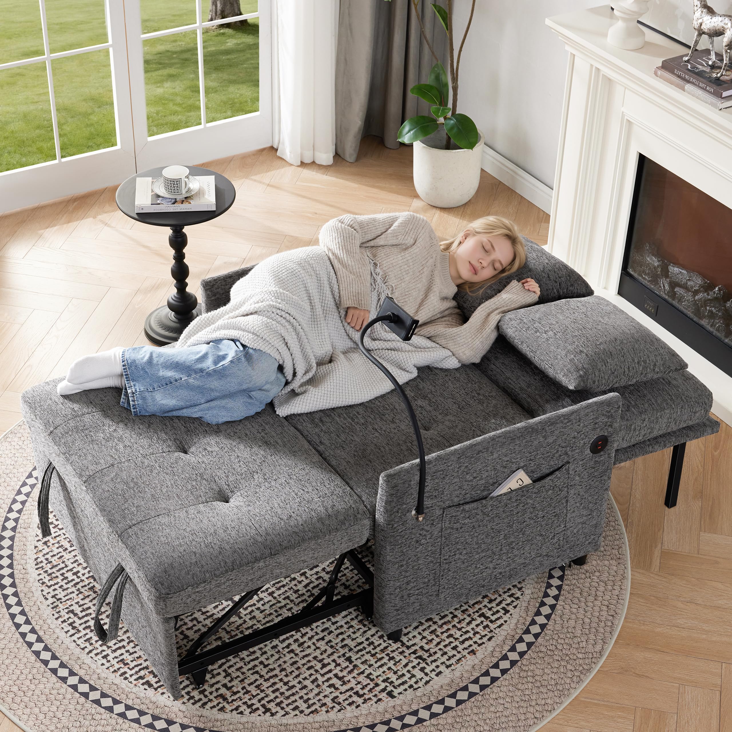 Loveseat Sleeper Sofa Convertible Sofa Bed, Pull out couch, Dark Grey | 3 in 1 couch bed with Phone Holder, Futon Sofa Bed with USB and Type-C Ports for Living Room, Adjustable Backrest