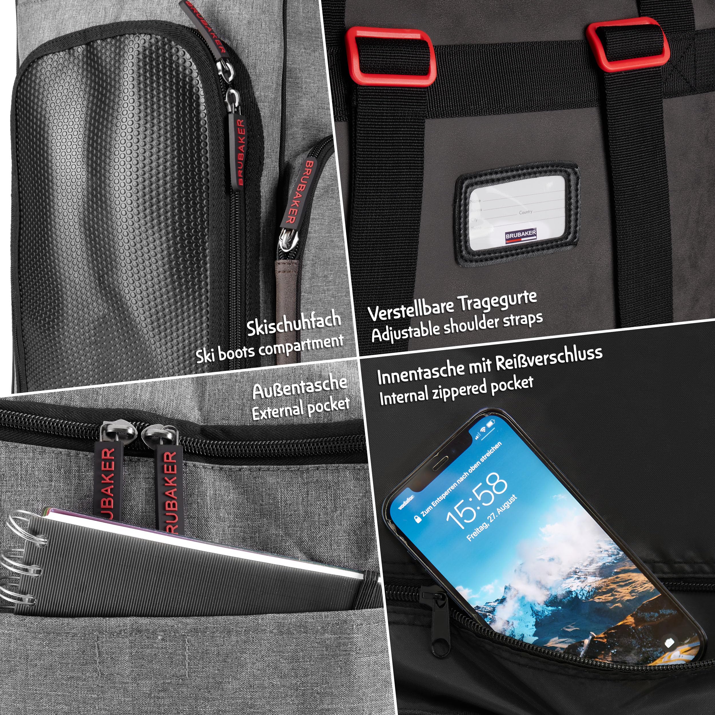 BRUBAKER Set de Ski 'Carver Performance' - Housse à Skis et Sac à Chaussures de Ski pour 1 Paire de Skis + bâtons + Chaussures + Casque - Noir/Gris chiné