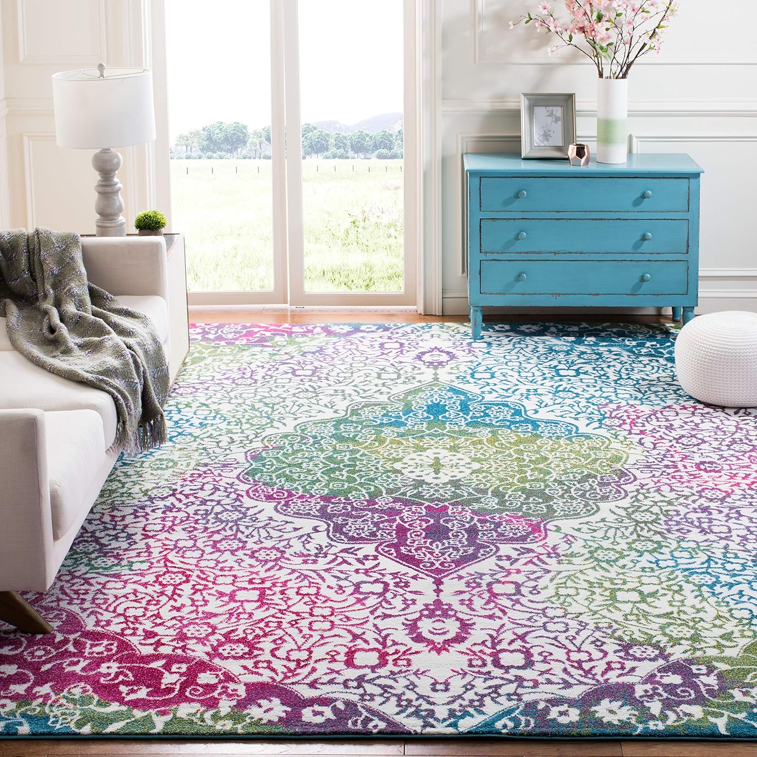 SAFAVIEH Watercolor Collection Area Rug - 6'7" x 9', Ivory & Fuchsia, Boho Chic Medallion Design, Non-Shedding & Easy Care, Ideal for High Traffic Areas in Living Room, Bedroom (WTC672F)