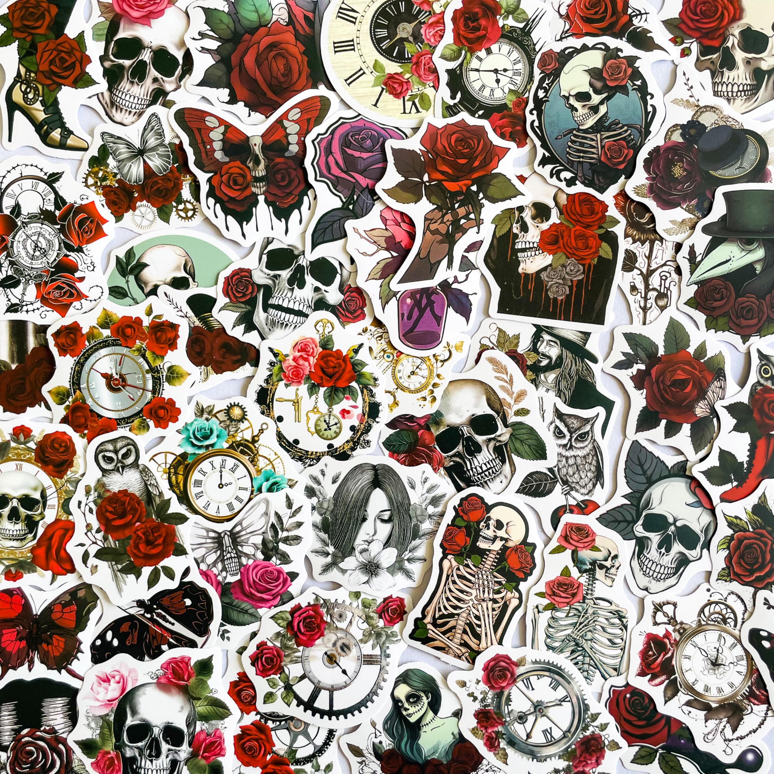 Gothic Steampunk Sticker Pack – 50-Piece Victorian Vintage Dark Aesthetic Decals with Skulls, Roses, Skeletons, Clocks – Waterproof Vinyl Stickers for