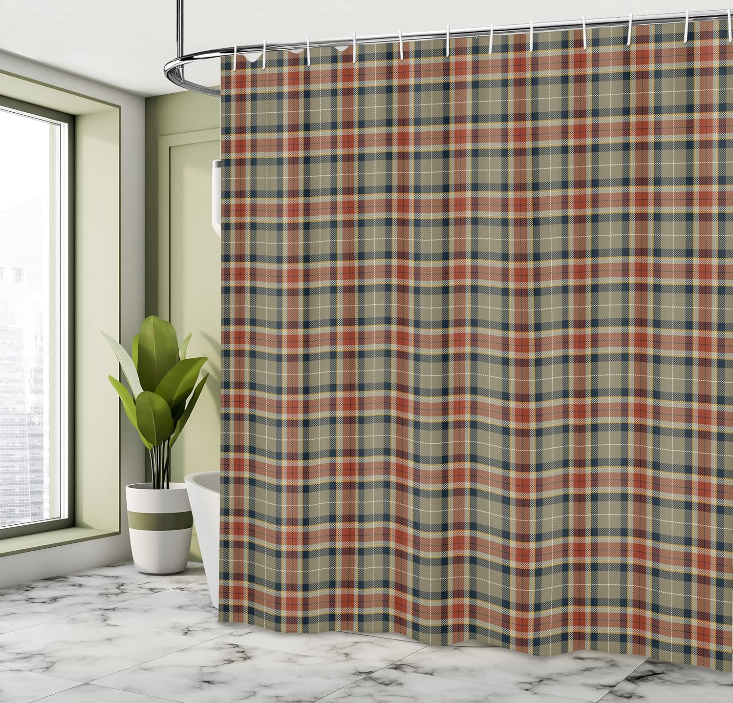 Ambesonne Tartan Shower Curtain, Repeating Geometric Elements Squares and Diagonal Lines Traditional, Cloth Fabric Bathroom Decor Set with Hooks, 69" W x 75" L, Pale Brown Dark Blue