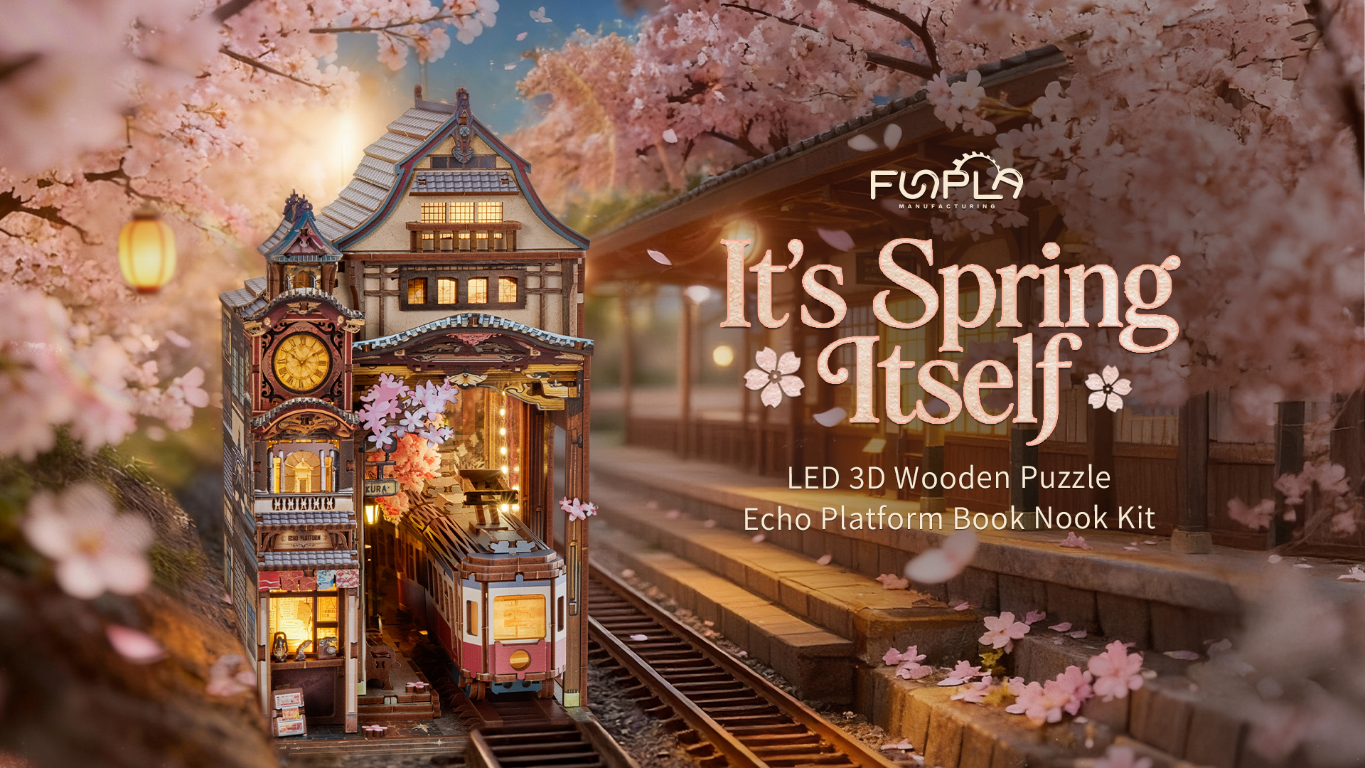 FUNPOLA Sakura Train Book Nook Kit – LED 3D Wood Puzzle with