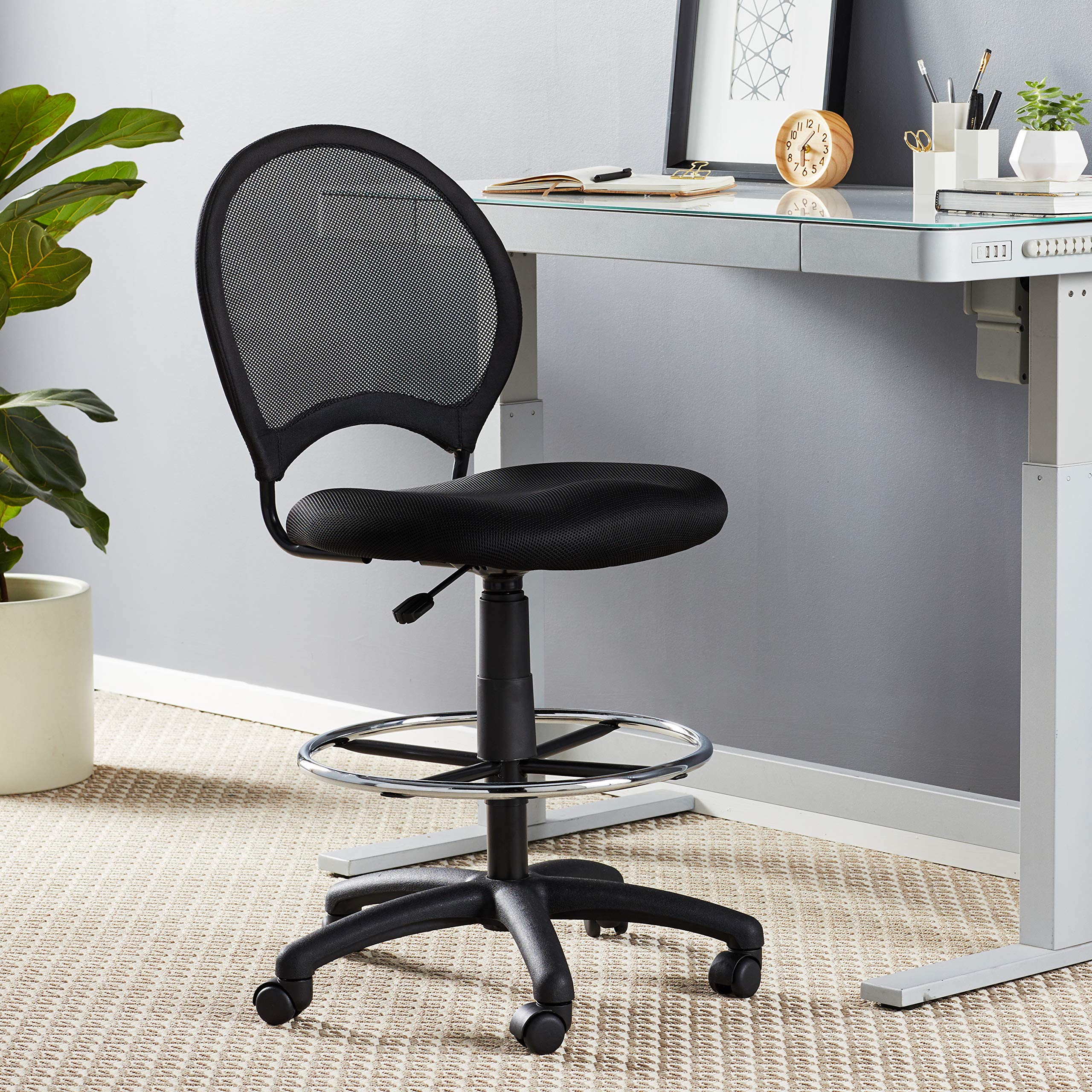 Boss Office Mesh Drafting Stool - Adjustable Height & Arms, Chrome Footring, Swivel Casters, Black