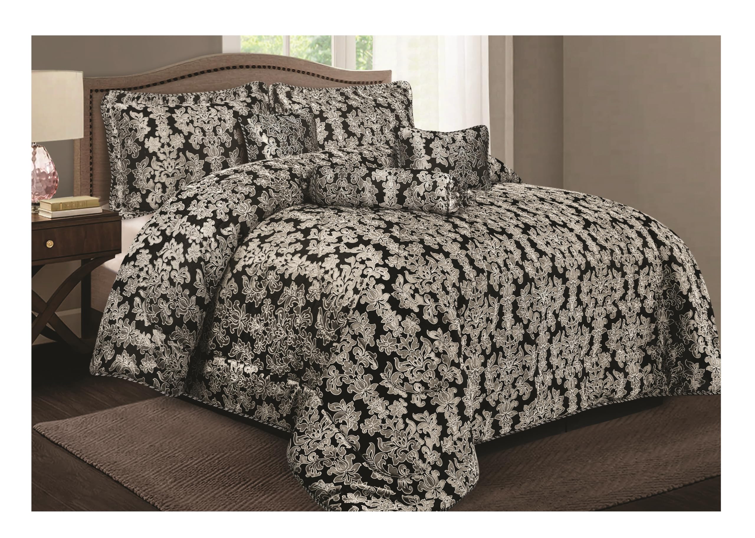 Opulent Living 7-Piece Jacquard Floral Comforter Bedding Set – Includes Bedspread, Valance Sheet, Pillow Shams, Cushion Cover, Decorative Pillow & Neck Pillow (Black, Super King, Leaf)