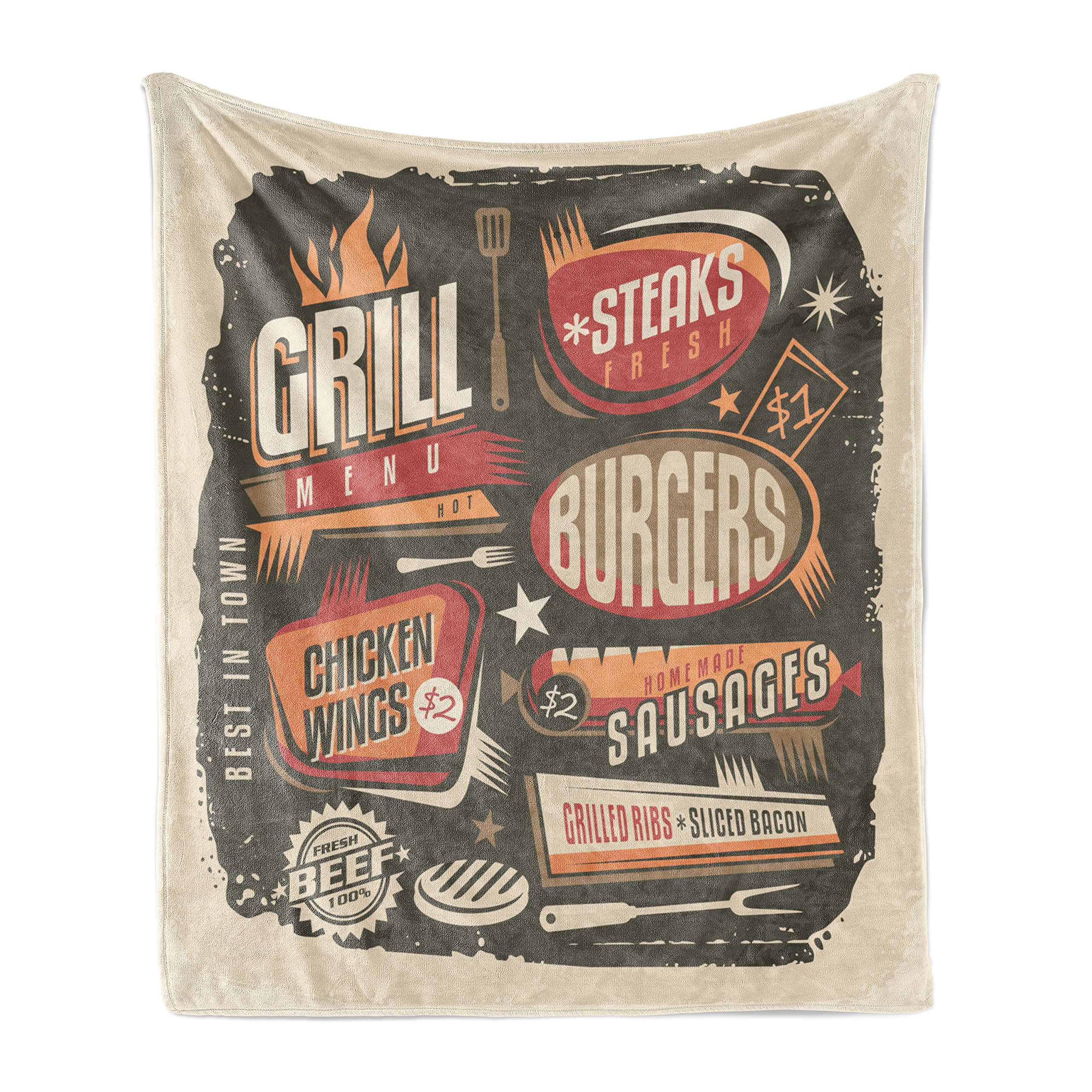 Lunarable BBQ Party Throw Blanket, Grill Menu Design with Steaks Burgers Wings Sausages Ribs and Bacon Retro Effect, Flannel Fleece Accent Piece Soft Couch Cover for Adults, 50" x 60", Taupe Orange