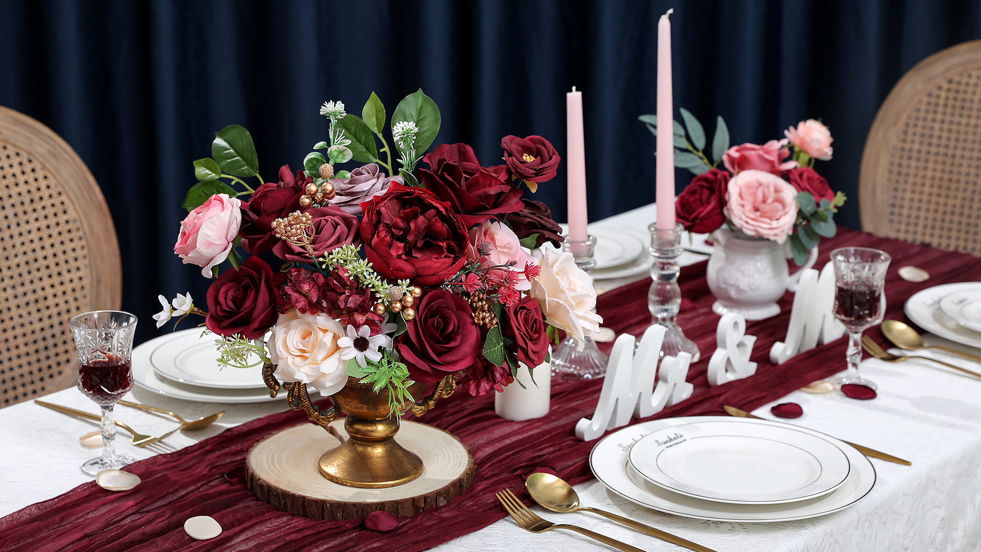 Serwalin 2pcs Artificial Flowers Burgundy Navy Flowers Fake