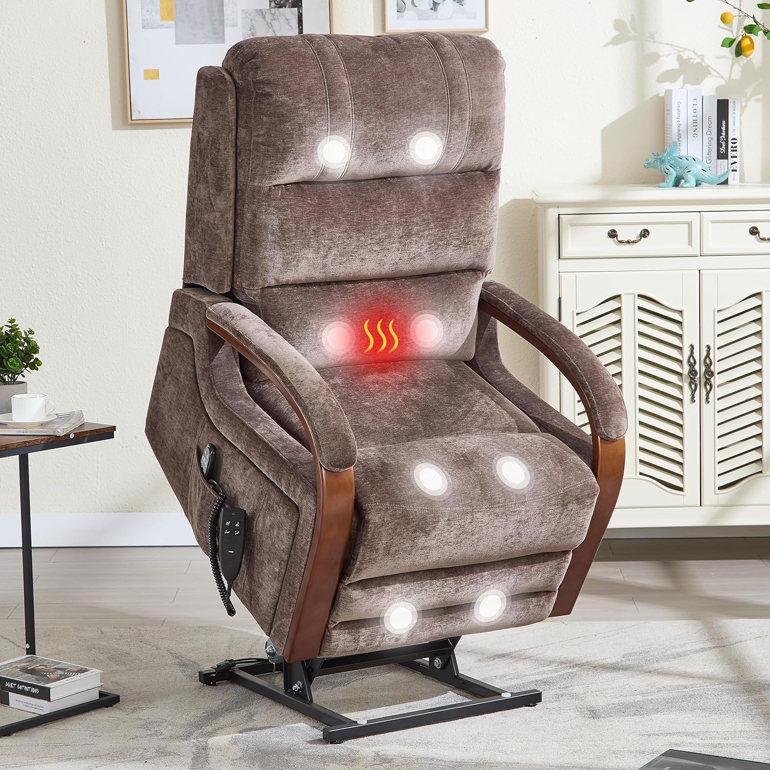 Power Lift Recliner Chair for Elderly People, Dual Motor Lift Chair with Vibration Massage and Heat, Lay Flat Recliner with Solid Wood Armrest, Standing Assistance Reclining, Chenille Fabric Brown