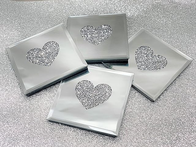 Set of 4 Diamante Crystal Heart Design Mirrored Table Cup Mug Drink Mats Coaster