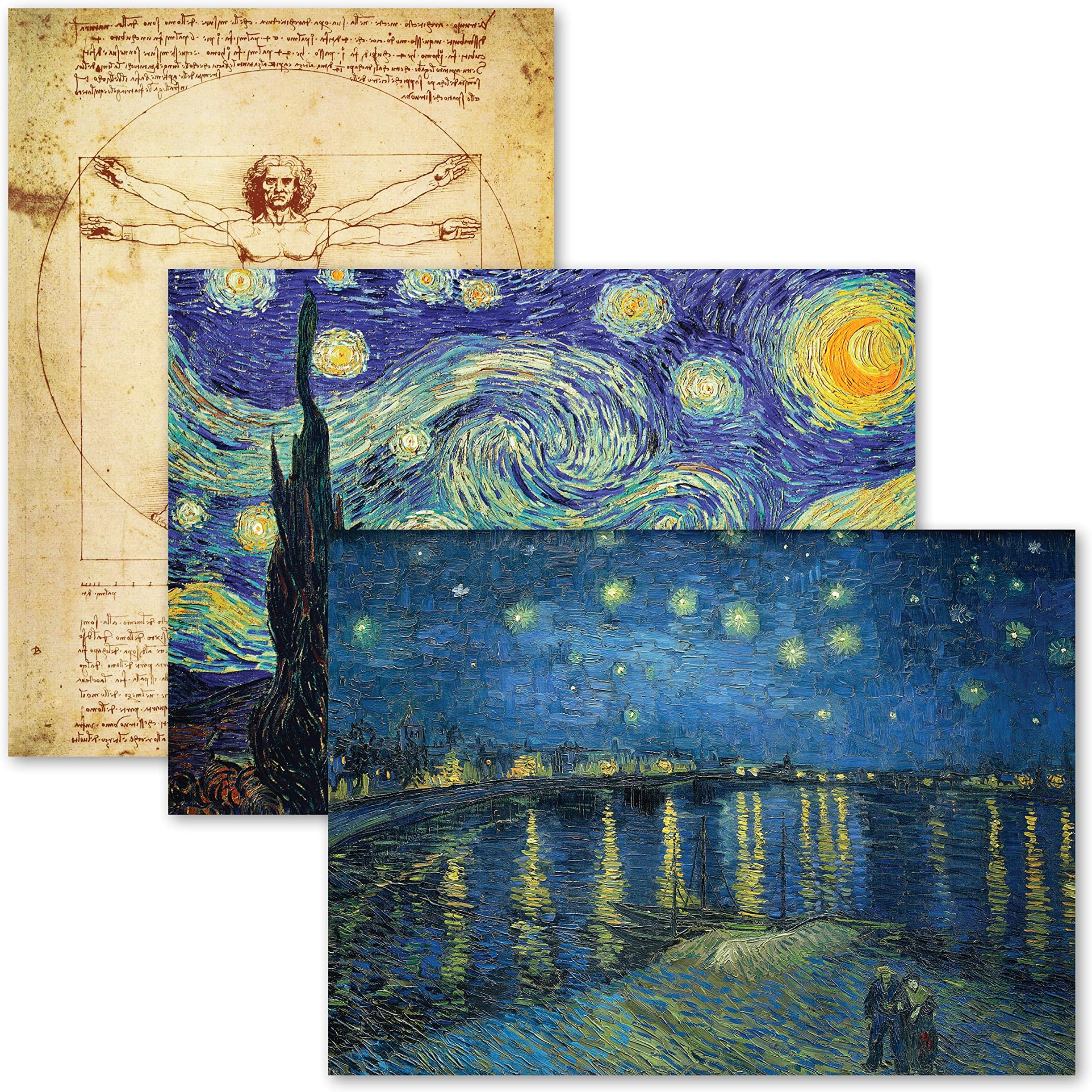 3 Pack - Vitruvian Man by Leonardo Da Vinci + Starry Night & Over the Rhone by Vincent Van Gogh - Fine Art Poster Prints (LAMINATED, 18" x 24")