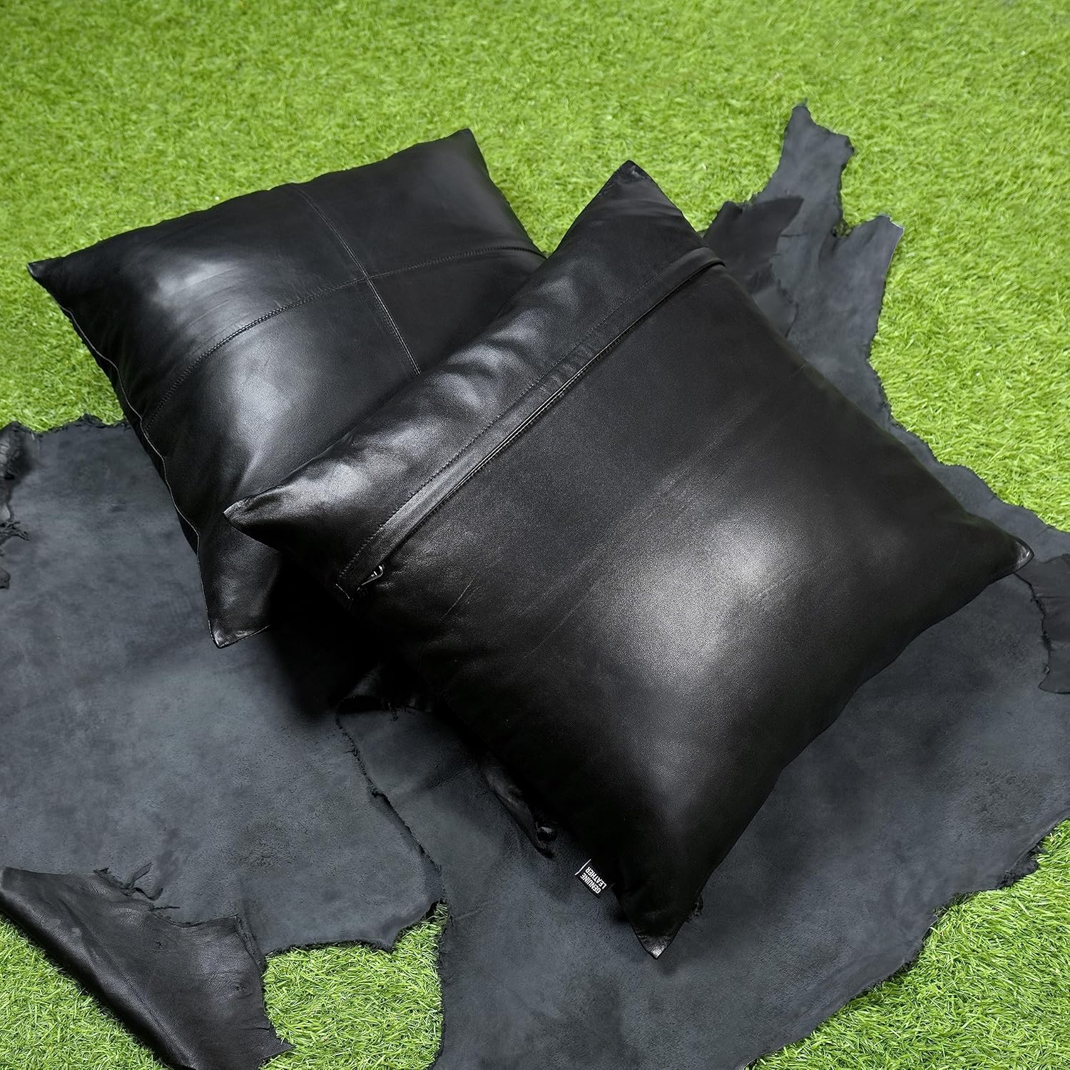 Lambskin Leather Pillow Cover - Sofa Cushion Case - Decorative Throw Covers for Living Room or Bedroom, 16 x 16 Inches - Black Pack of 2