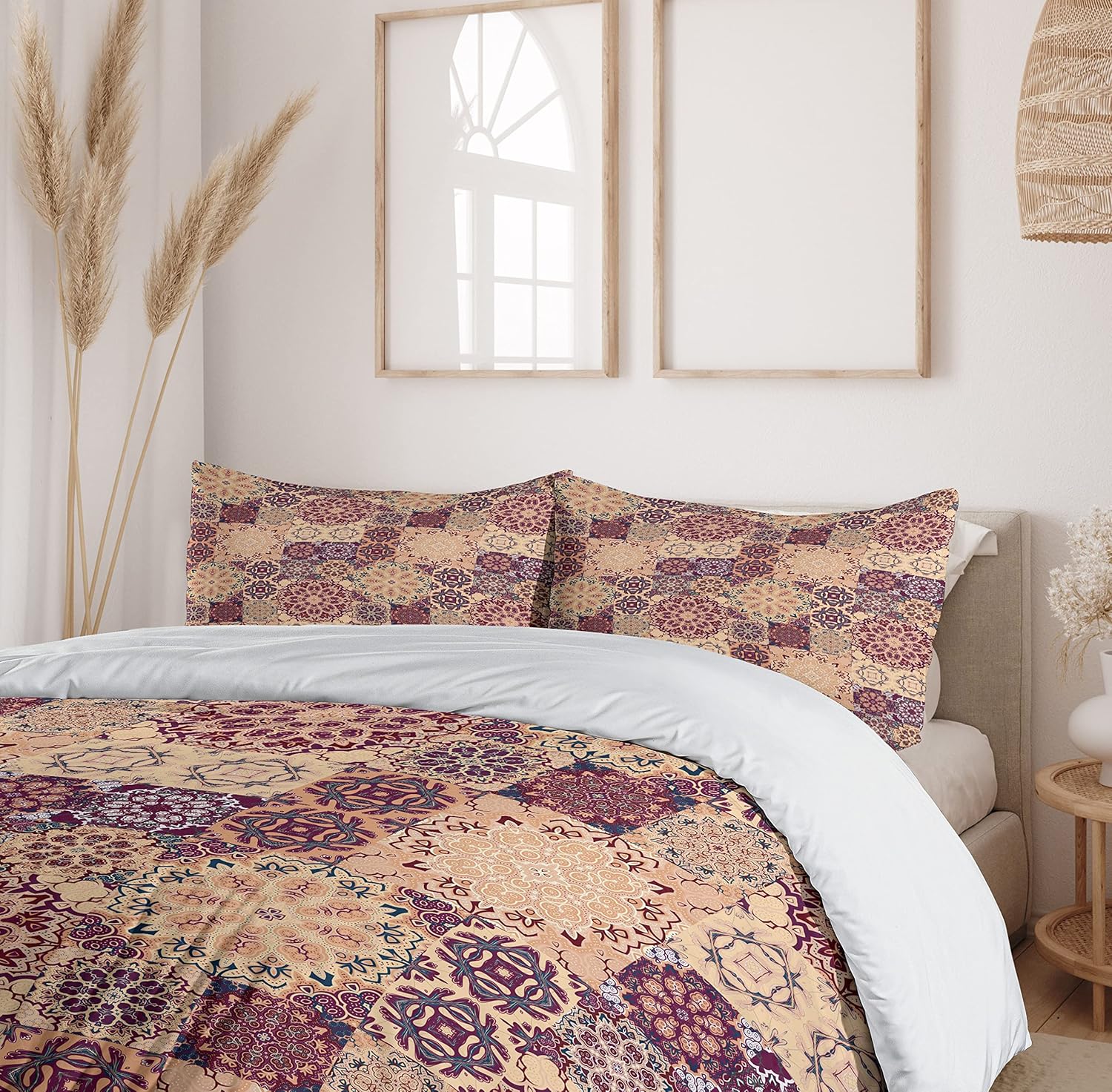 Ambesonne Moroccan Duvet Cover Set, Grid Style Ornate Ceramic Style Tile Orient Vintage Inspirations, Decorative 3 Piece Bedding Set with 2 Pillow Shams, Queen Size, Pale Orange Dark Blue