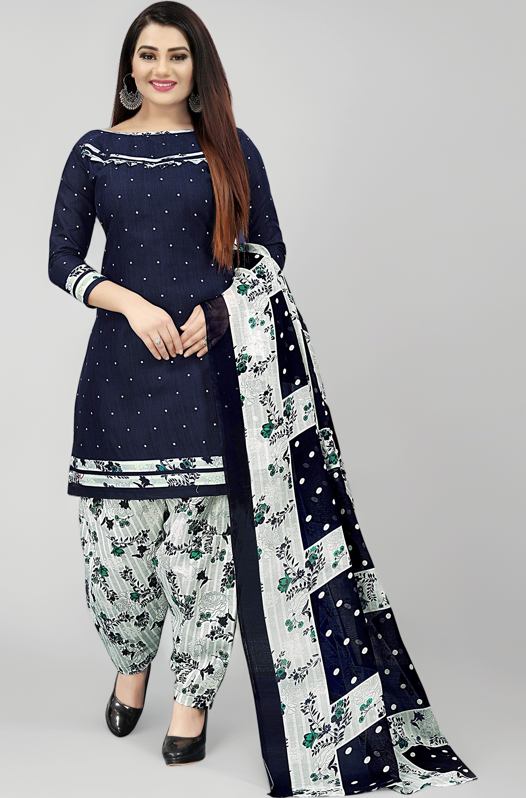 Women's Navy Blue Cotton Printed Unstitched Salwar Suit Material