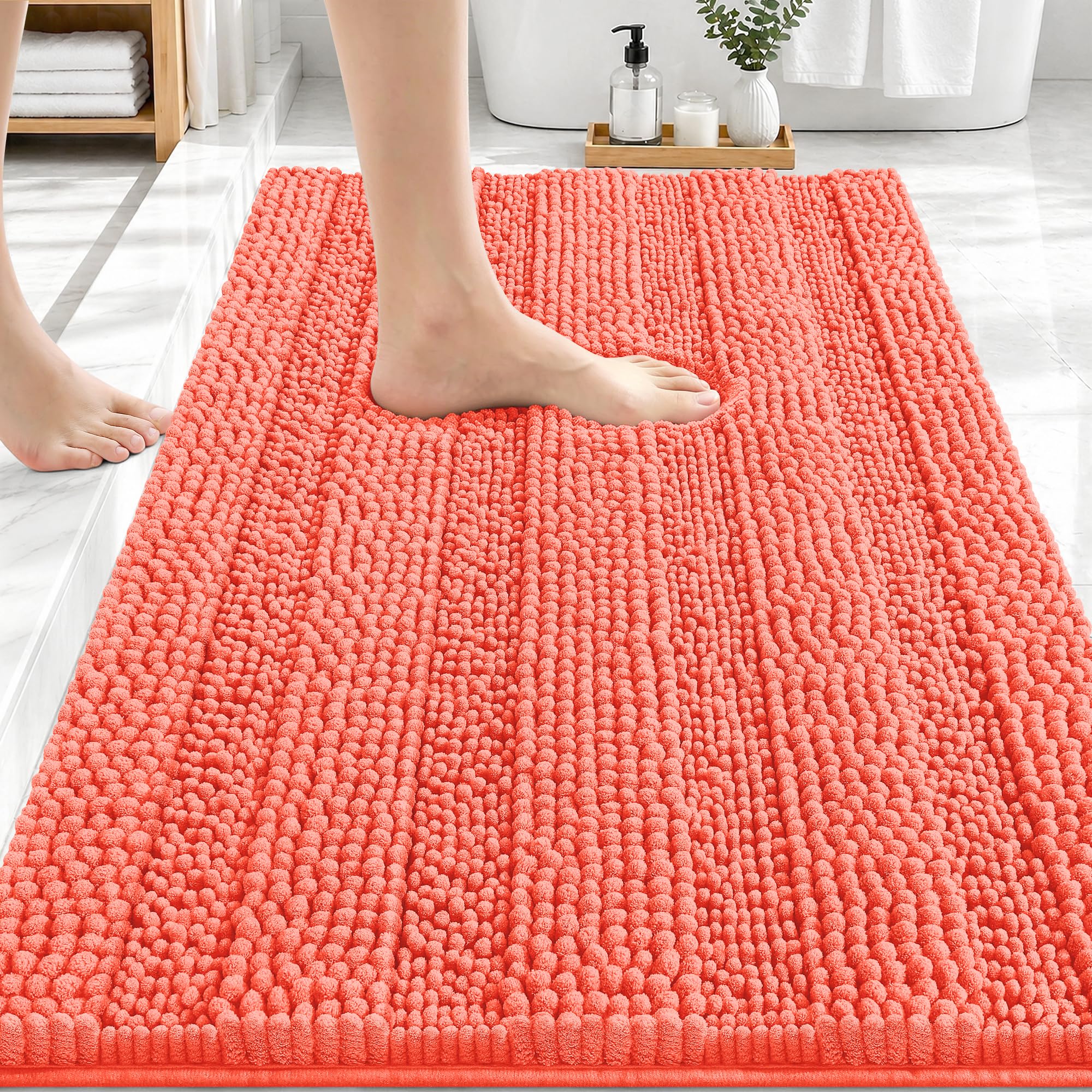 OLANLY Thick Bathroom Rugs 30x20, Extra Soft Absorbent Chenille Striped Bath Rugs, Rubber Backing, Machine Wash Dry, Bath Mats for Bathroom Floor, Tub and Shower, Home Decor Accessories, Coral
