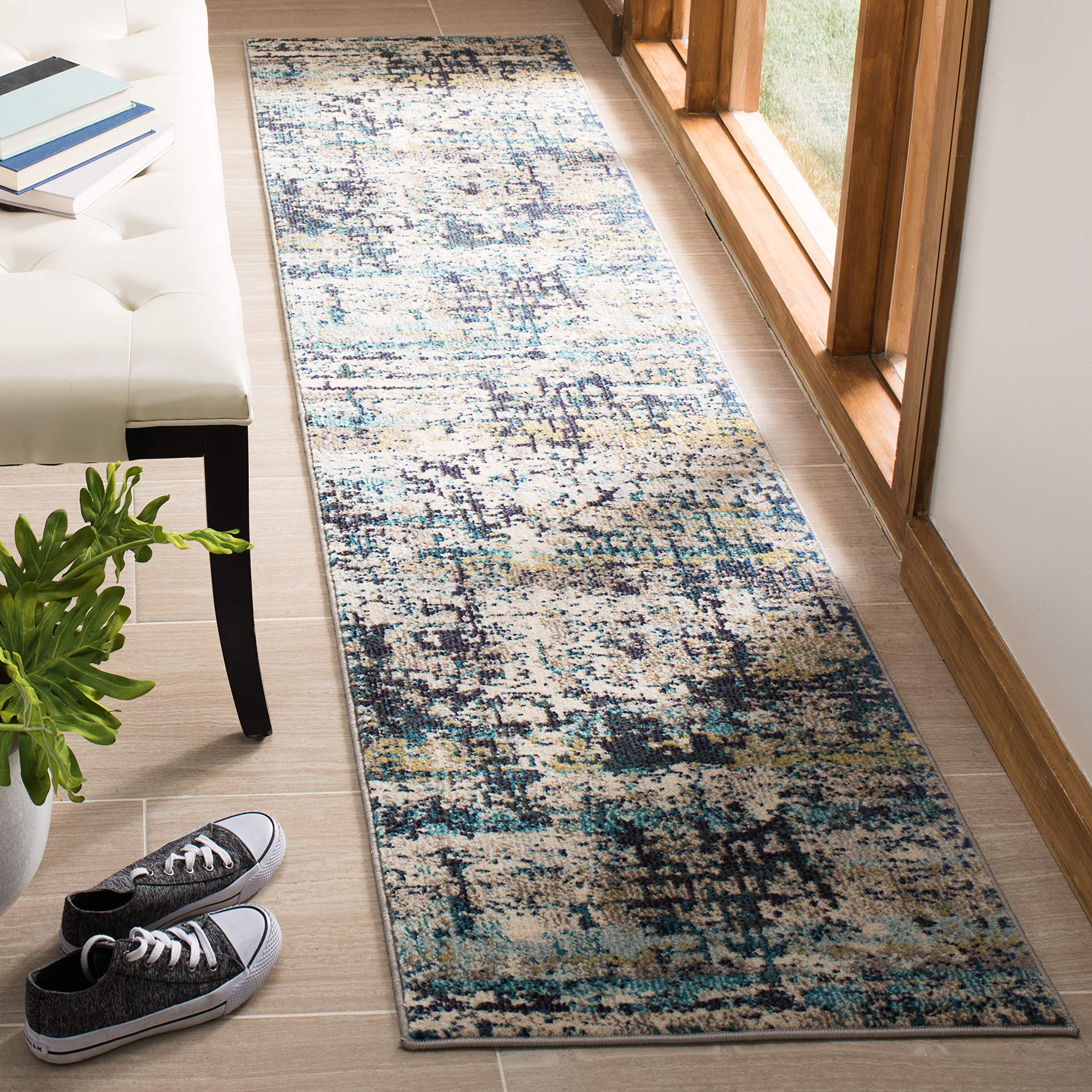 Madison Collection Runner Rug - 2'2" x 10', Cream & Blue, Modern Abstract Design, Non-Shedding & Easy Care, Ideal for High Traffic Areas in Living Room, Bedroom (MAD469B)