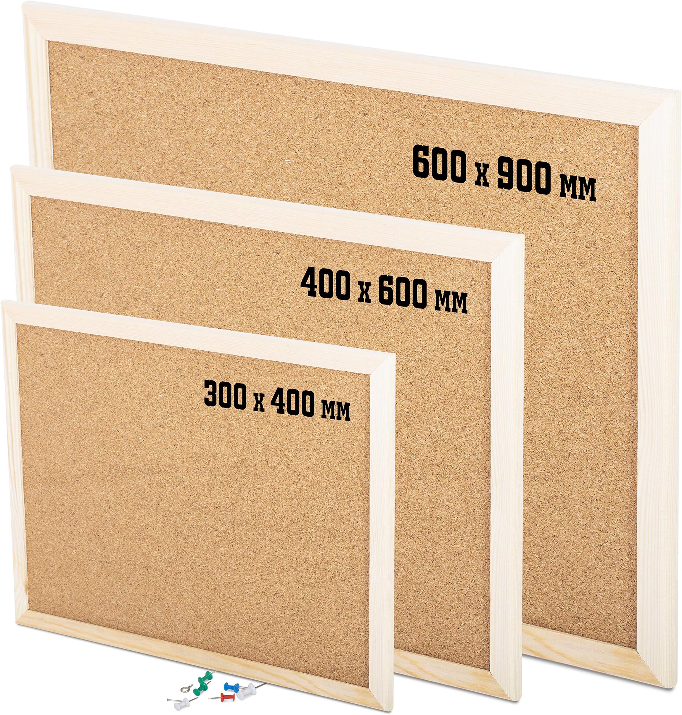 KAV - Cork Notice Office Memo School with 6 Push Pins Classic Wood Natural Frame Board, Brown (Various Sizes to Choose from) (600MM x 900MM)