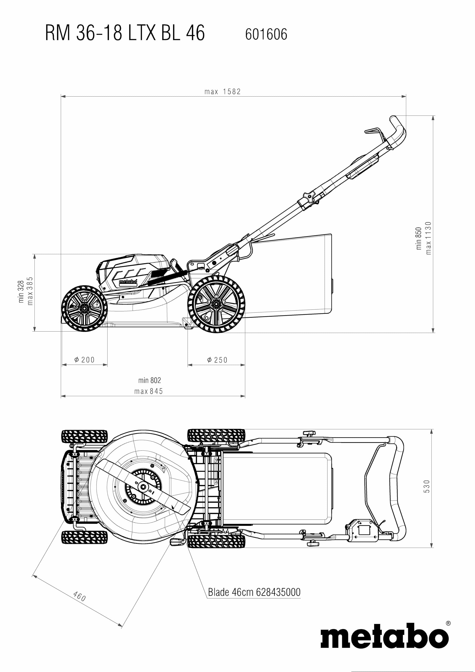 metabo RM 36-18 LTX BL 46 Cortacésped a Batería, 36 V y 46 cm de Corte | Motor Brushless, 7 niveles de altura, área de 800 m², bolsa de 55 l, sin batería ni cargador, función de mulching