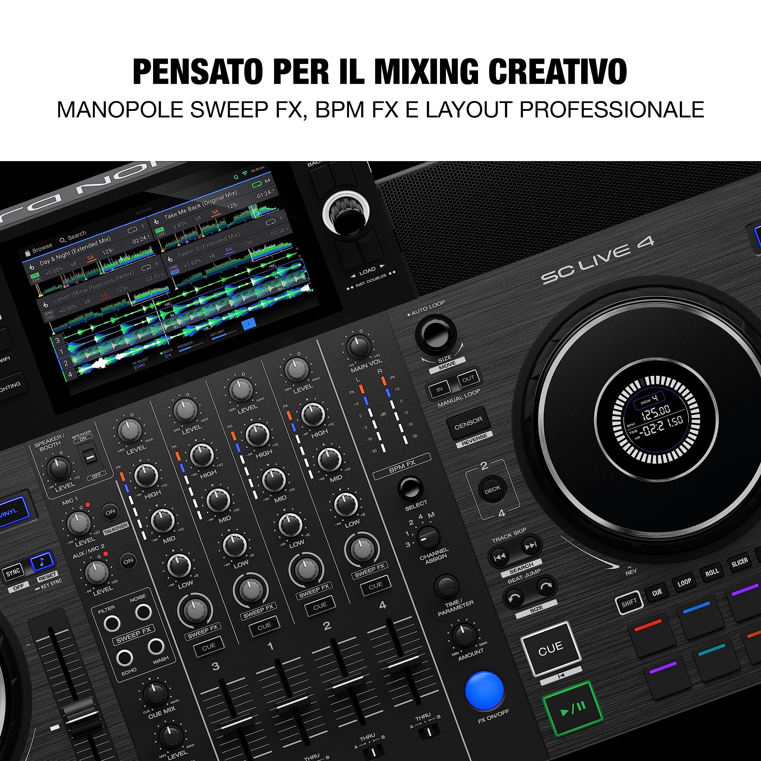 Denon DJ SC LIVE 4 + 2x Alto Professional TS410 - Console DJ, mixer DJ a 4 canali, streaming, Wi-Fi, casse + 2x Cassa Attiva PA Amplificata da 2000 W 10" con mixer a 3 canali, Bluetooth, DSP