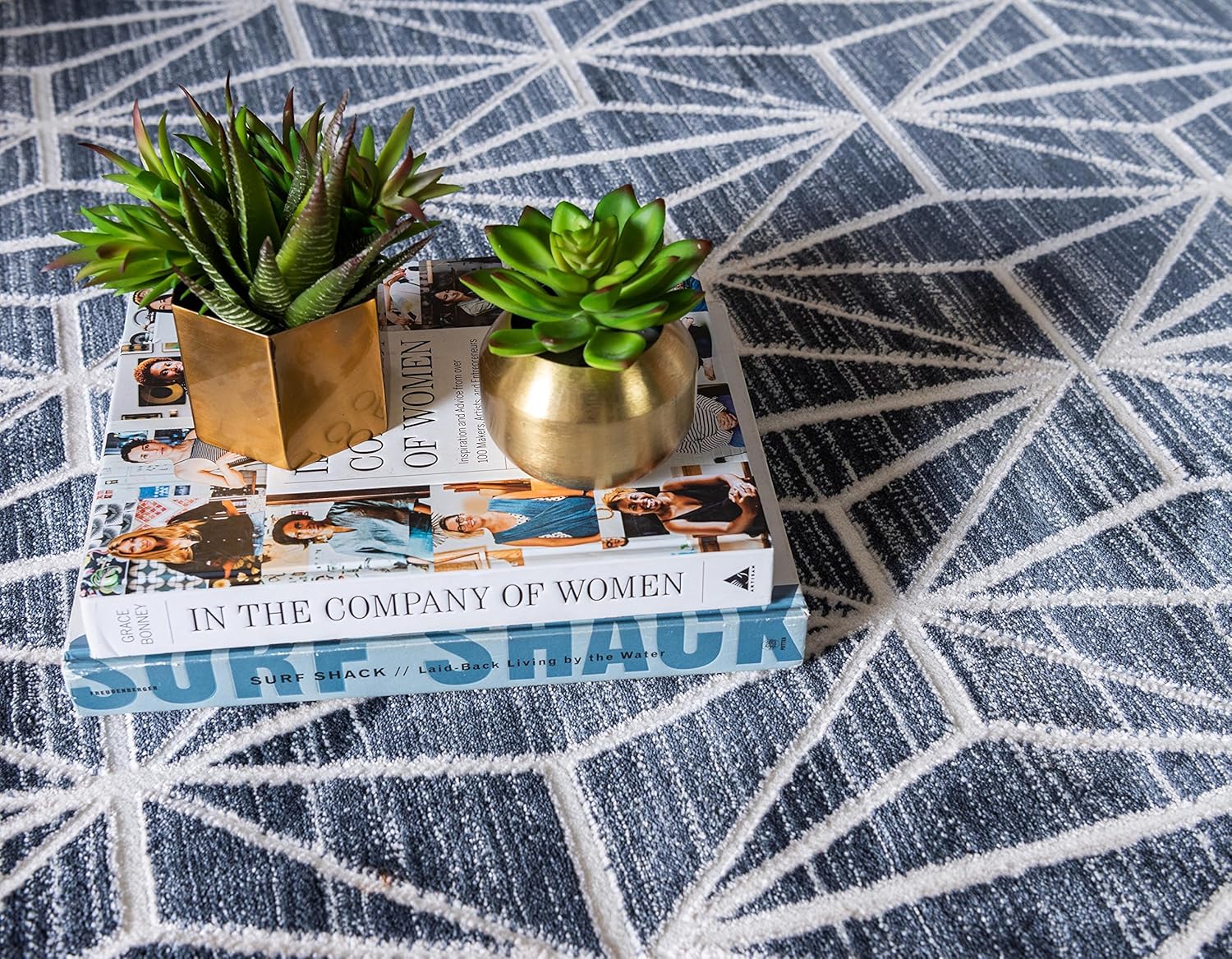 Navy Blue Geometric Indoor Runner Rug, Easy Care & Stain-resistant