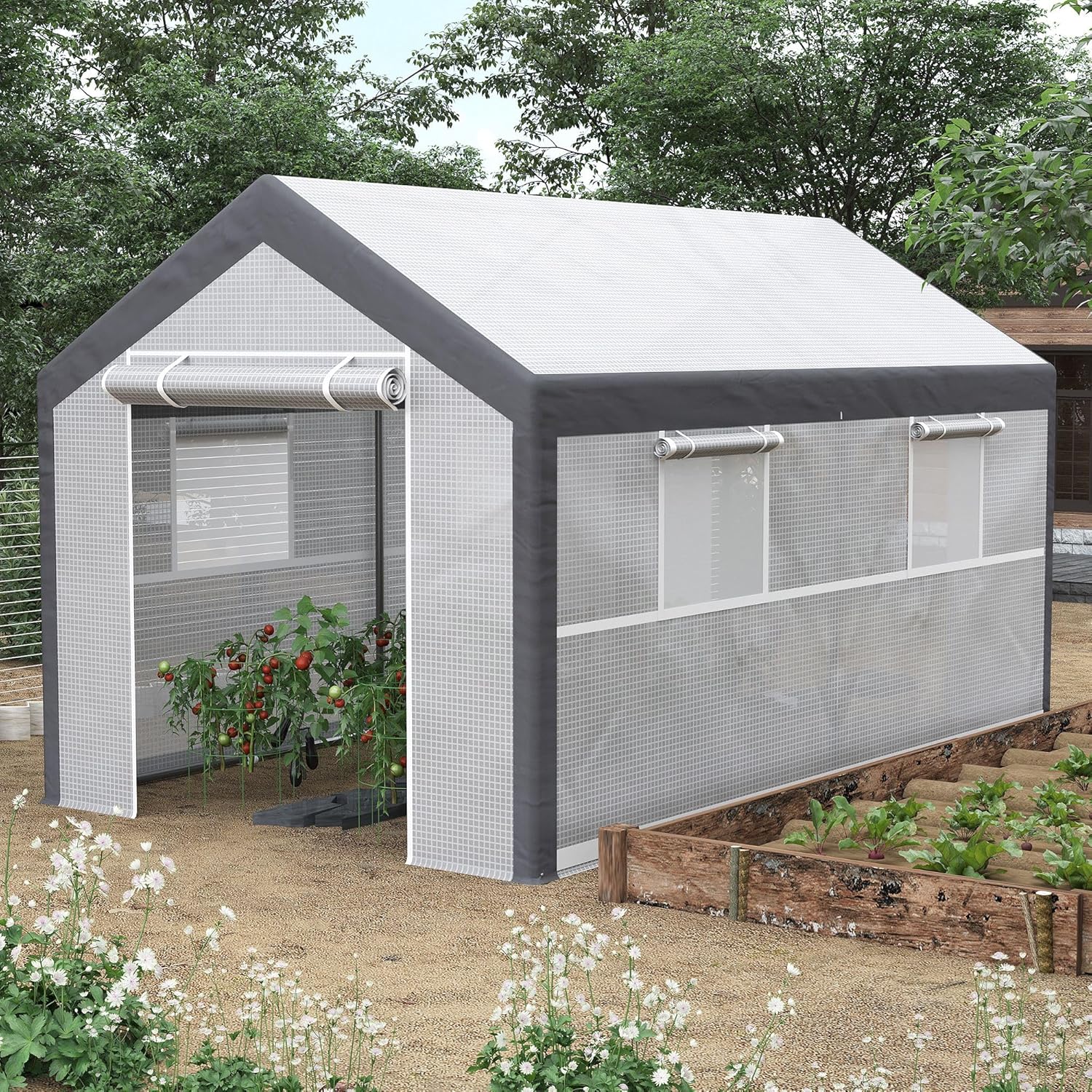 Outsunny 12' x 7' x 7' Greenhouse, Walk-in Outdoor Tunnel Green House with PE Cover, Steel Frame, 2 Roll-Up Zipper Doors & 4 Windows for Flowers, Vegetables, Tropical Plants, White