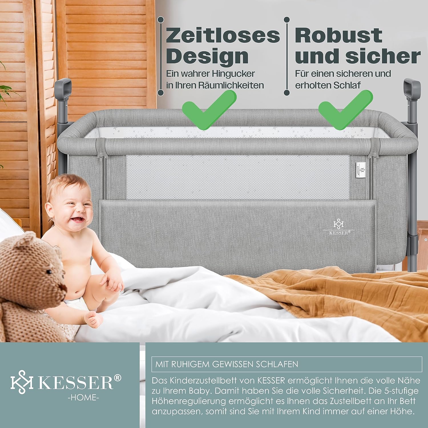KESSER® Hubi 3in1 Baby Bed Travel Cot with Soft Mattress with Wheels, 5-Way Height Adjustment, Folding Side Wall for Home and on the Go
