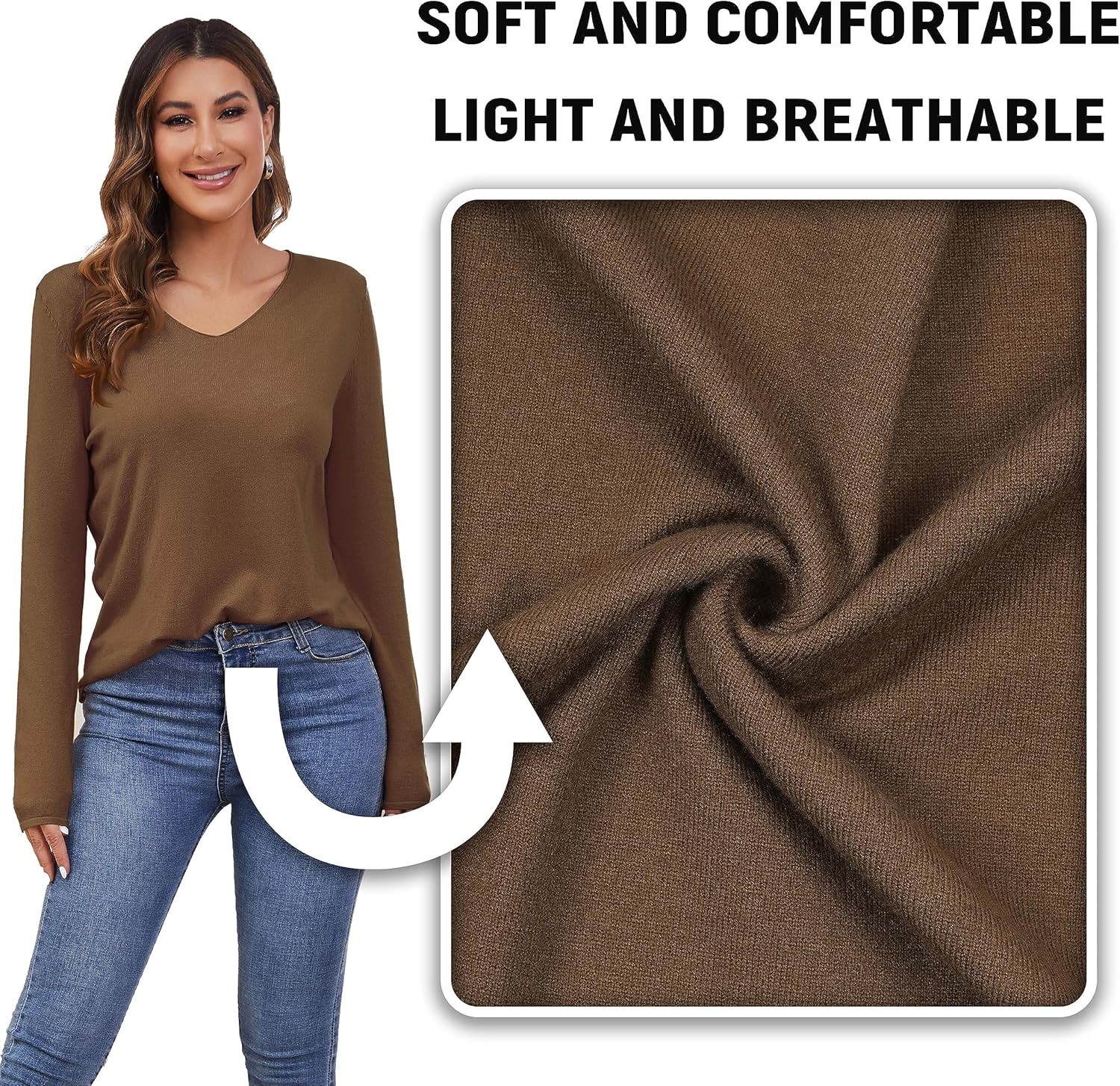 Women's V Neck Pullover Sweater Long Sleeve Soft Knit Lightweight Jumper Tops - Image 5
