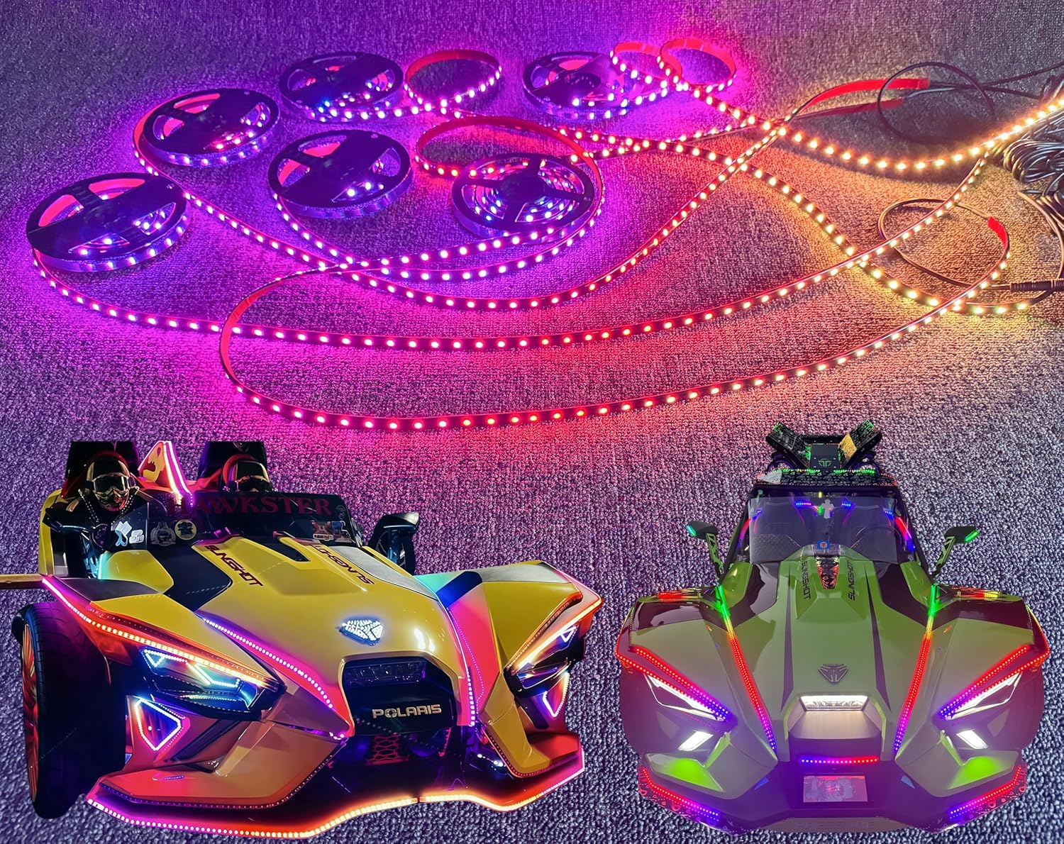 16PCS 6.5FT RGB Chasing Flow Blackout Smoked Full Tinted IP65 Waterproof Light Strips for Polaris Slingshot SSL Motorcycle Off-Road Sportman Car Truck Underbody LED Light Bluetooth + Remote