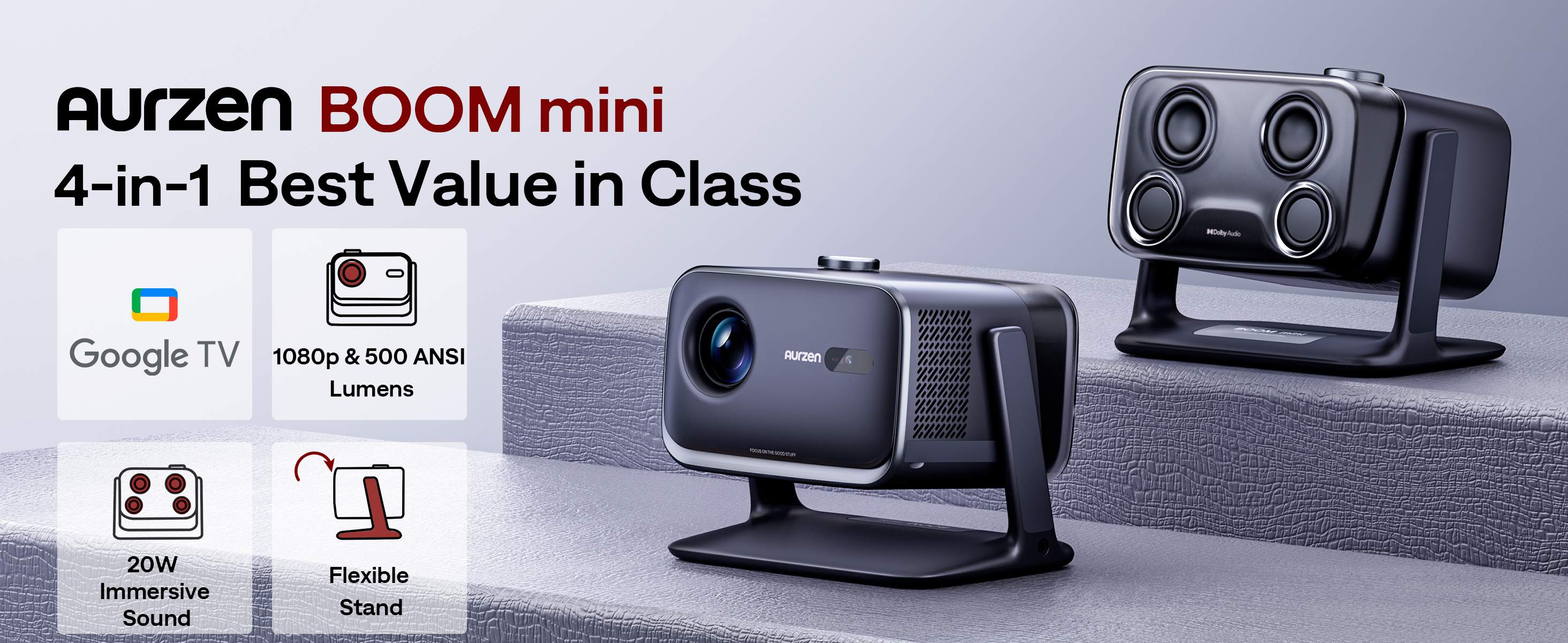 Aurzen Boom Air Mini Proiettore Portatile Con Google TV, Netflix, 4K, USB-C, Autofocus TOF E Dolby Audio, Bianco Crema - 4