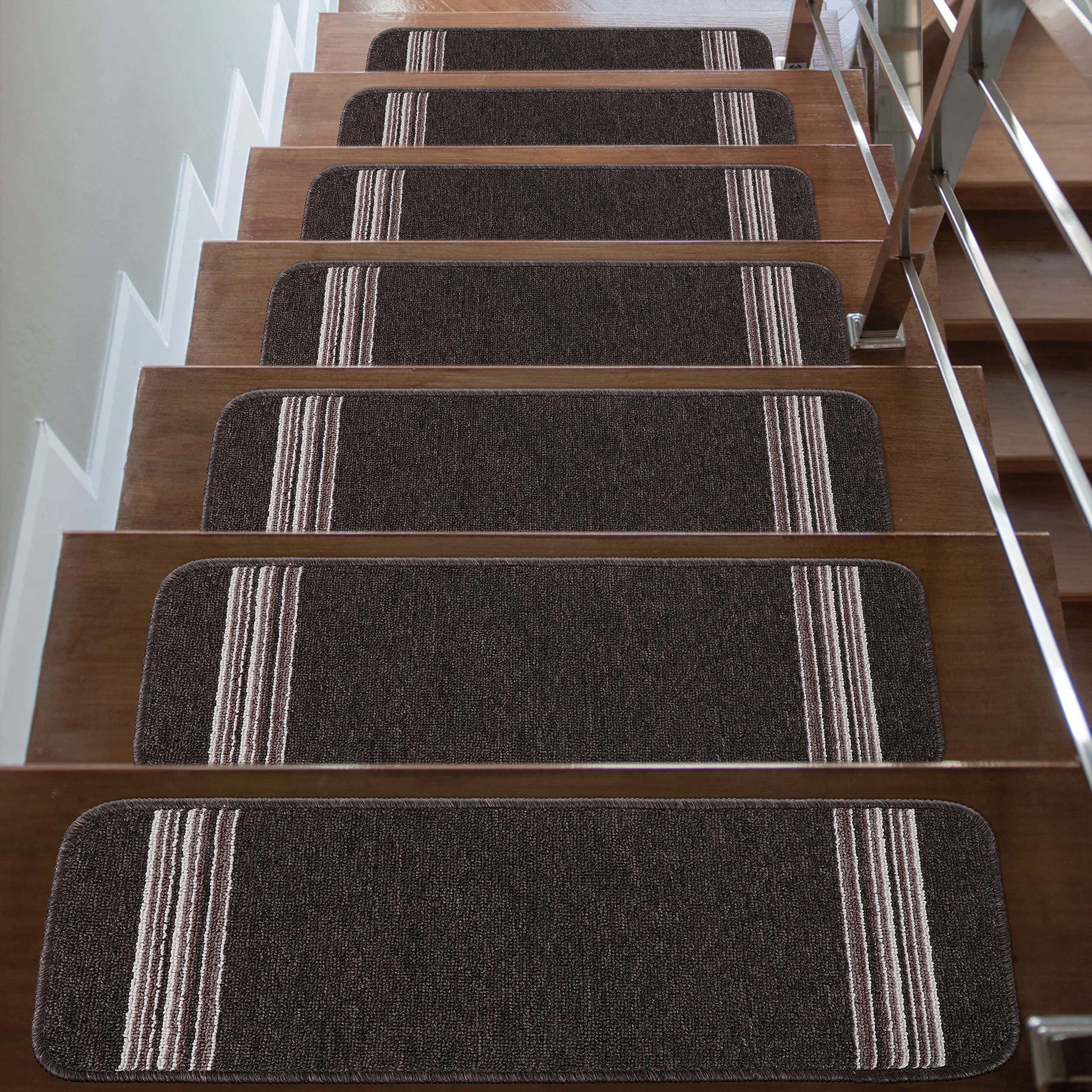 CAMILSON Stair Treads Runner Mats - Non Slip Rug Pads for Indoor Outdoor Carpet - Pet Dog Stair Step Covers (Set of 13, Line Brown)