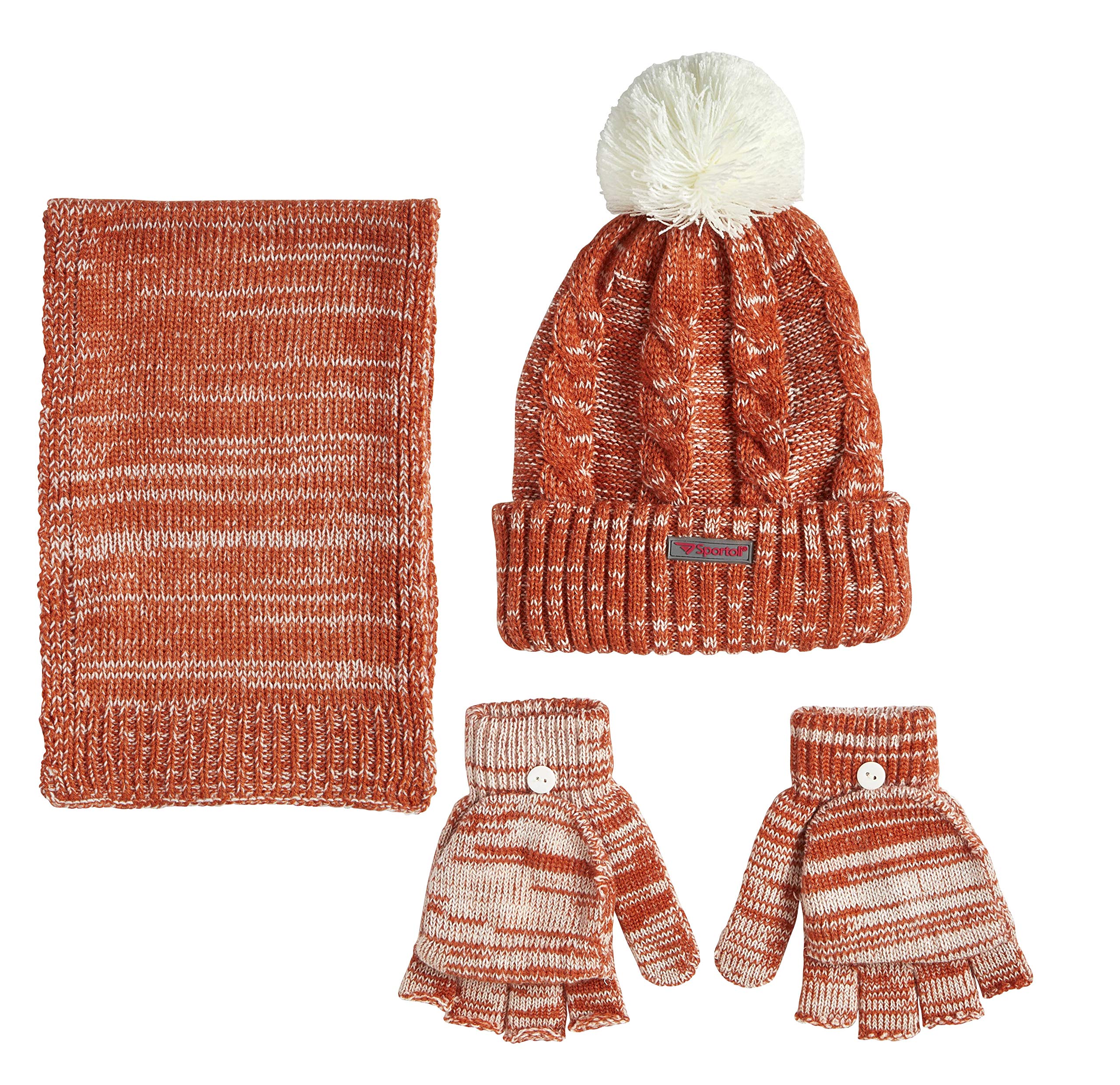 Sportoli Women’s Girls’ kids 3-Piece Cable Knit Cold Weather Set Hat Scarf Glove - Rust (Size Adult)
